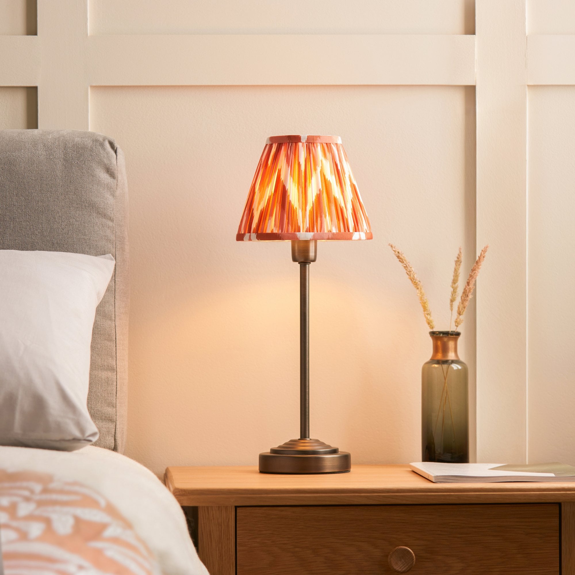 120755 Rise & Zigzag 16cm Table Lamp Antique Bronze Plate & Apricot Orange Fabric