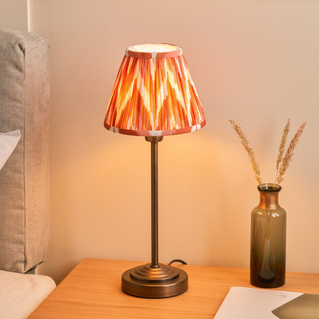 120755 Rise & Zigzag 16cm Table Lamp Antique Bronze Plate & Apricot Orange Fabric