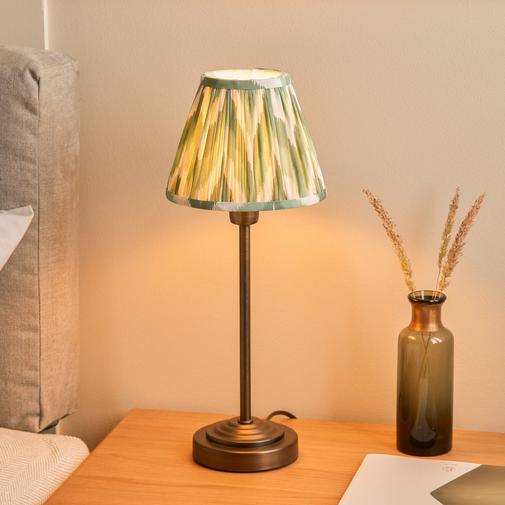 120756 Rise & Zigzag 16cm Table Lamp Antique Bronze Plate & Cotswold Green Fabric