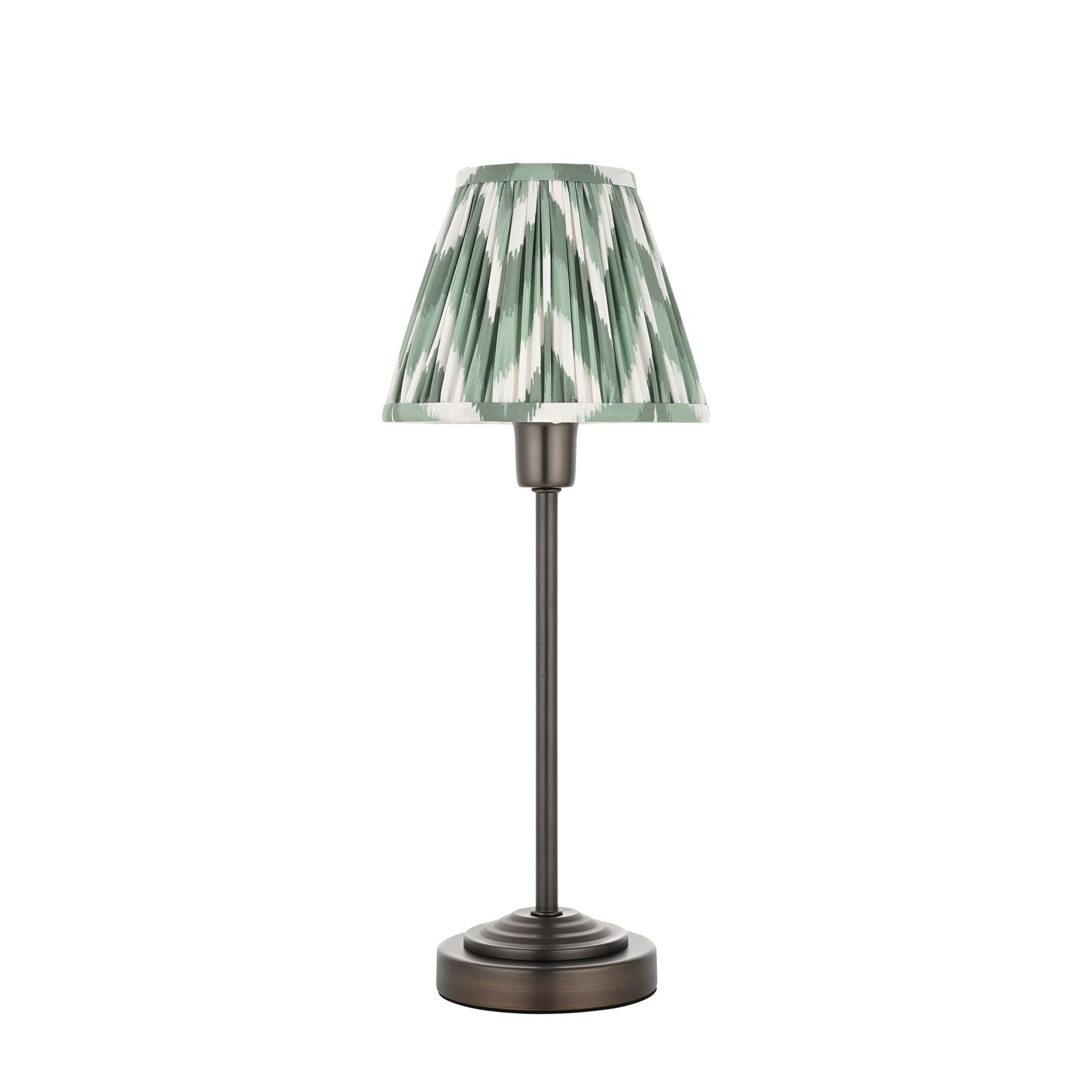120756 Rise & Zigzag 16cm Table Lamp Antique Bronze Plate & Cotswold Green Fabric