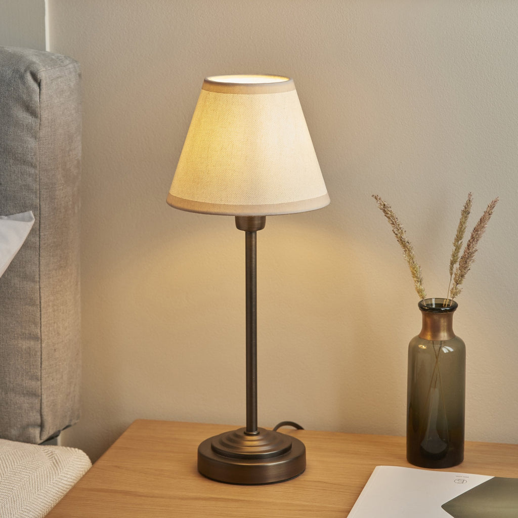 120938 Rise & Ivy 16cm Table Lamp Antique Bronze Plate & Vintage White Fabric