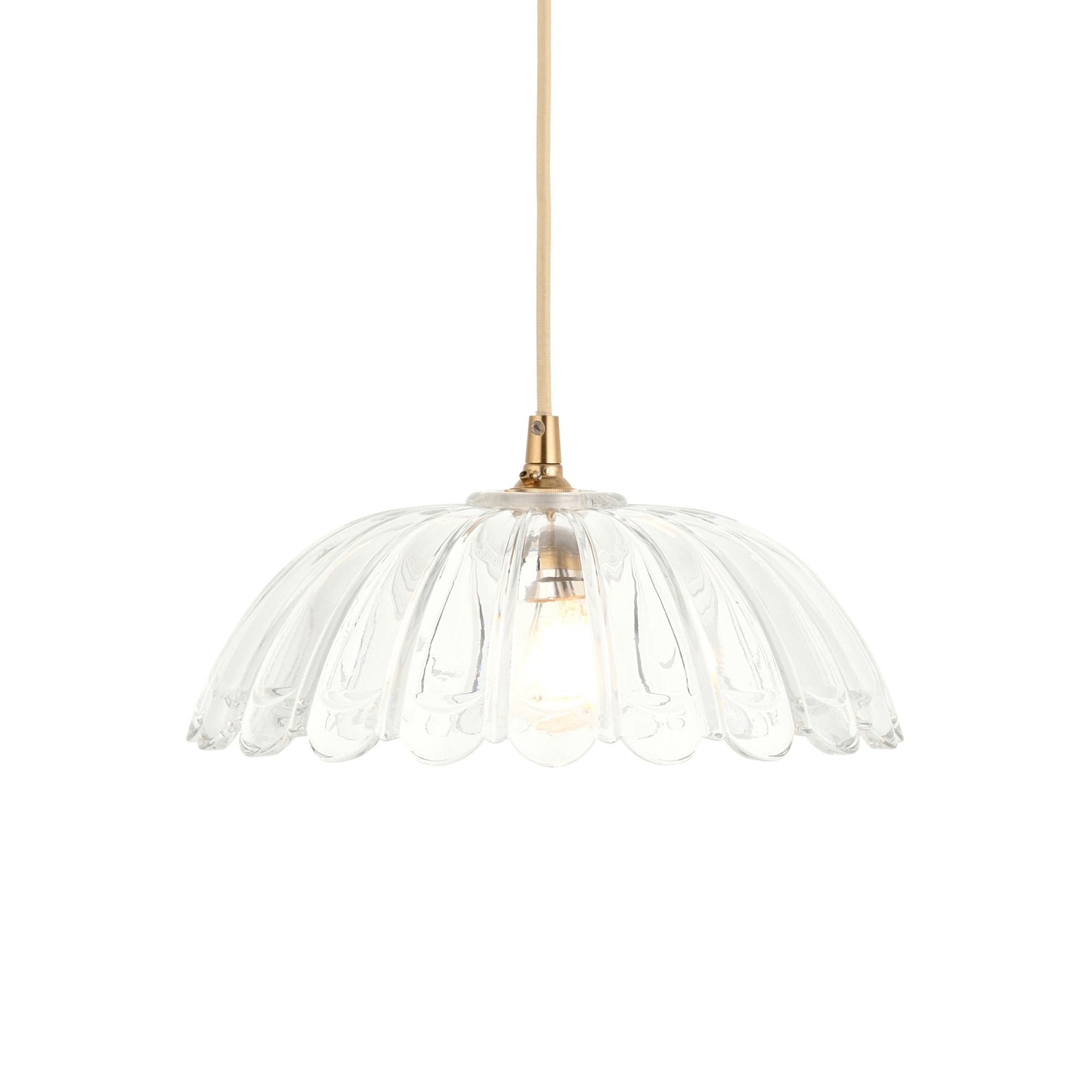 121003 Eltham & Carnation Pendant Clear Glass & Brushed Aged Brass With Natural Braided Cable