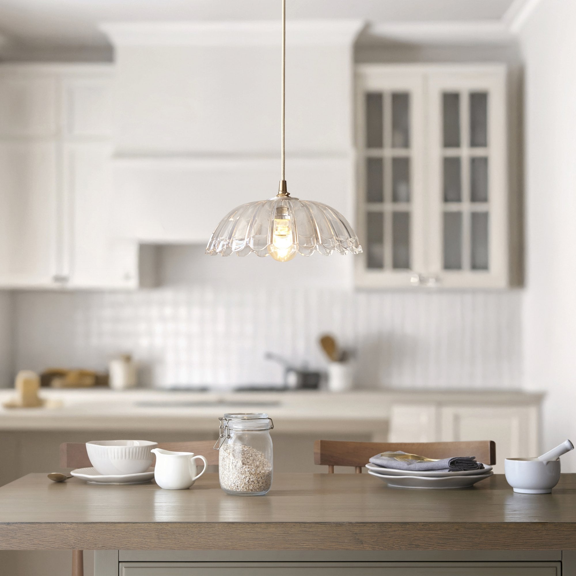 121003 Eltham & Carnation Pendant Clear Glass & Brushed Aged Brass With Natural Braided Cable