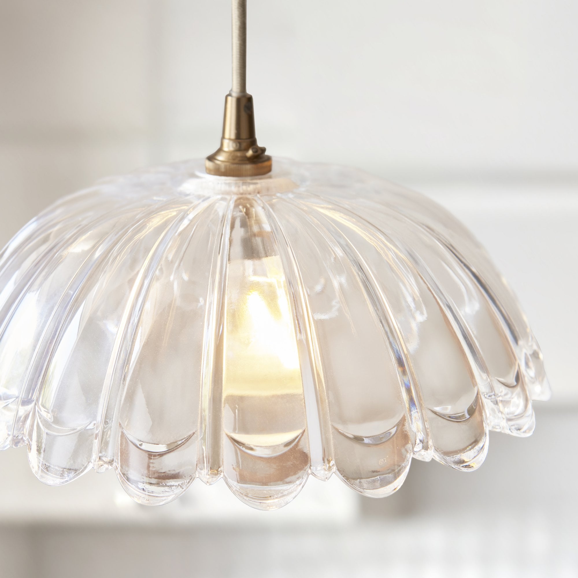 121003 Eltham & Carnation Pendant Clear Glass & Brushed Aged Brass With Natural Braided Cable