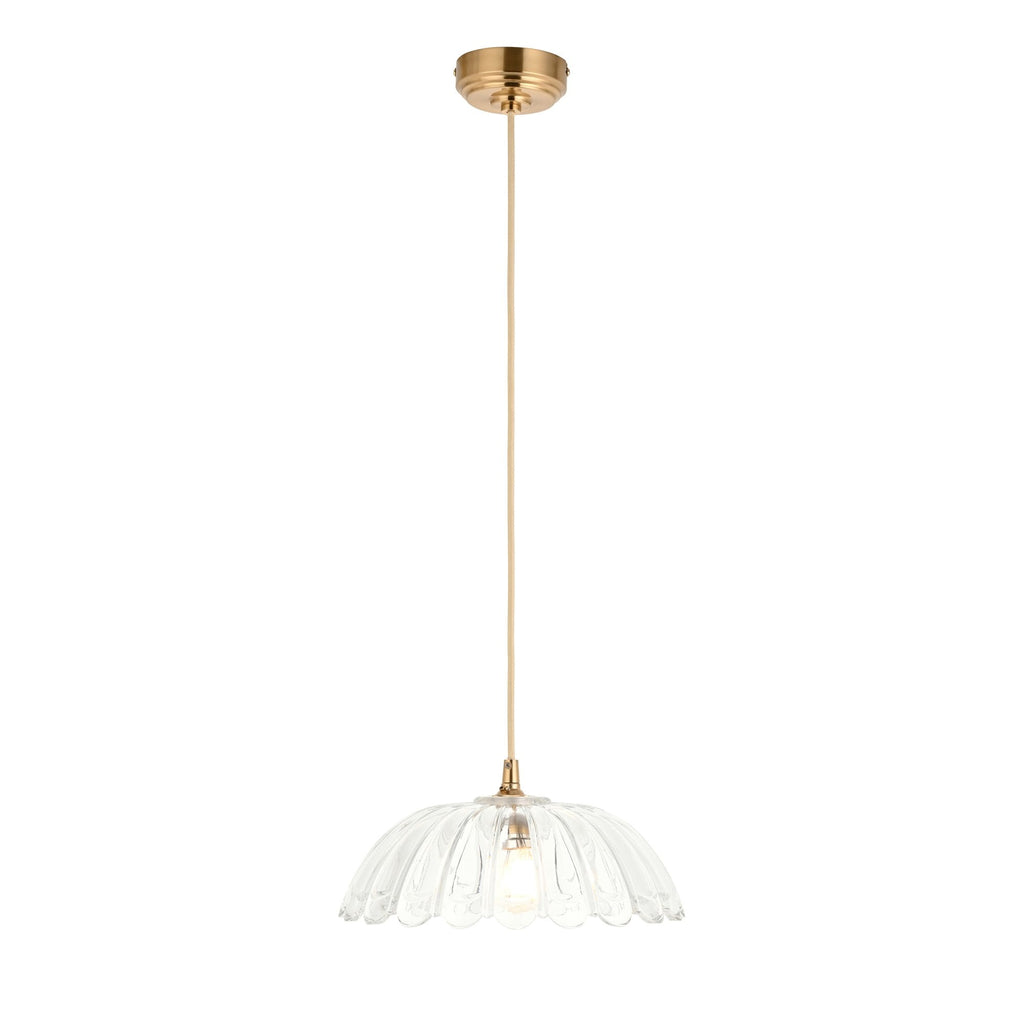 121003 Eltham & Carnation Pendant Clear Glass & Brushed Aged Brass With Natural Braided Cable