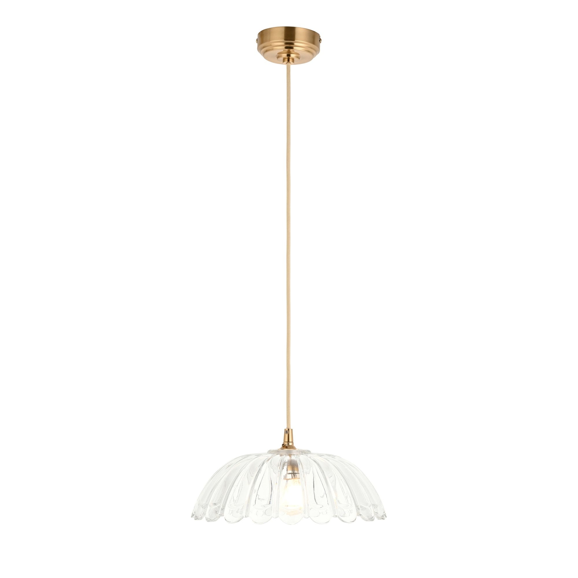 121003 Eltham & Carnation Pendant Clear Glass & Brushed Aged Brass With Natural Braided Cable