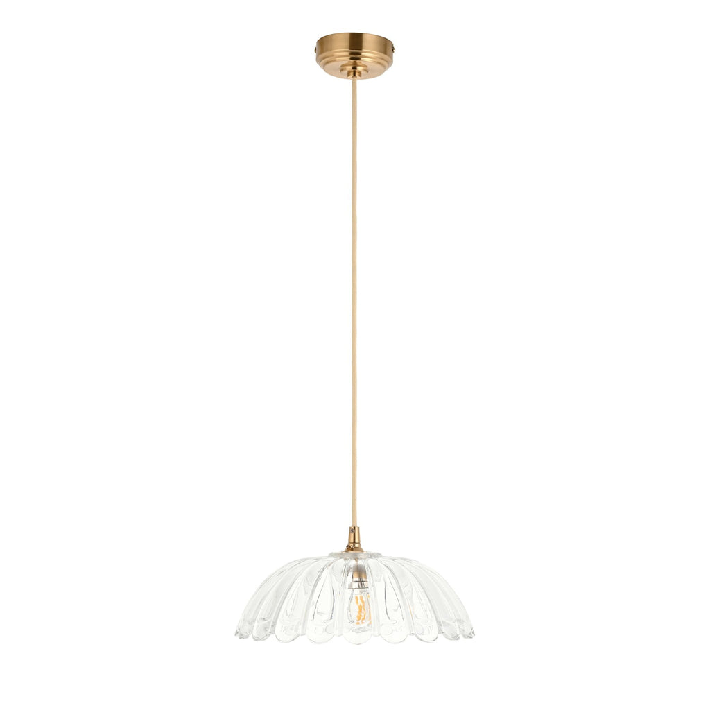 121003 Eltham & Carnation Pendant Clear Glass & Brushed Aged Brass With Natural Braided Cable