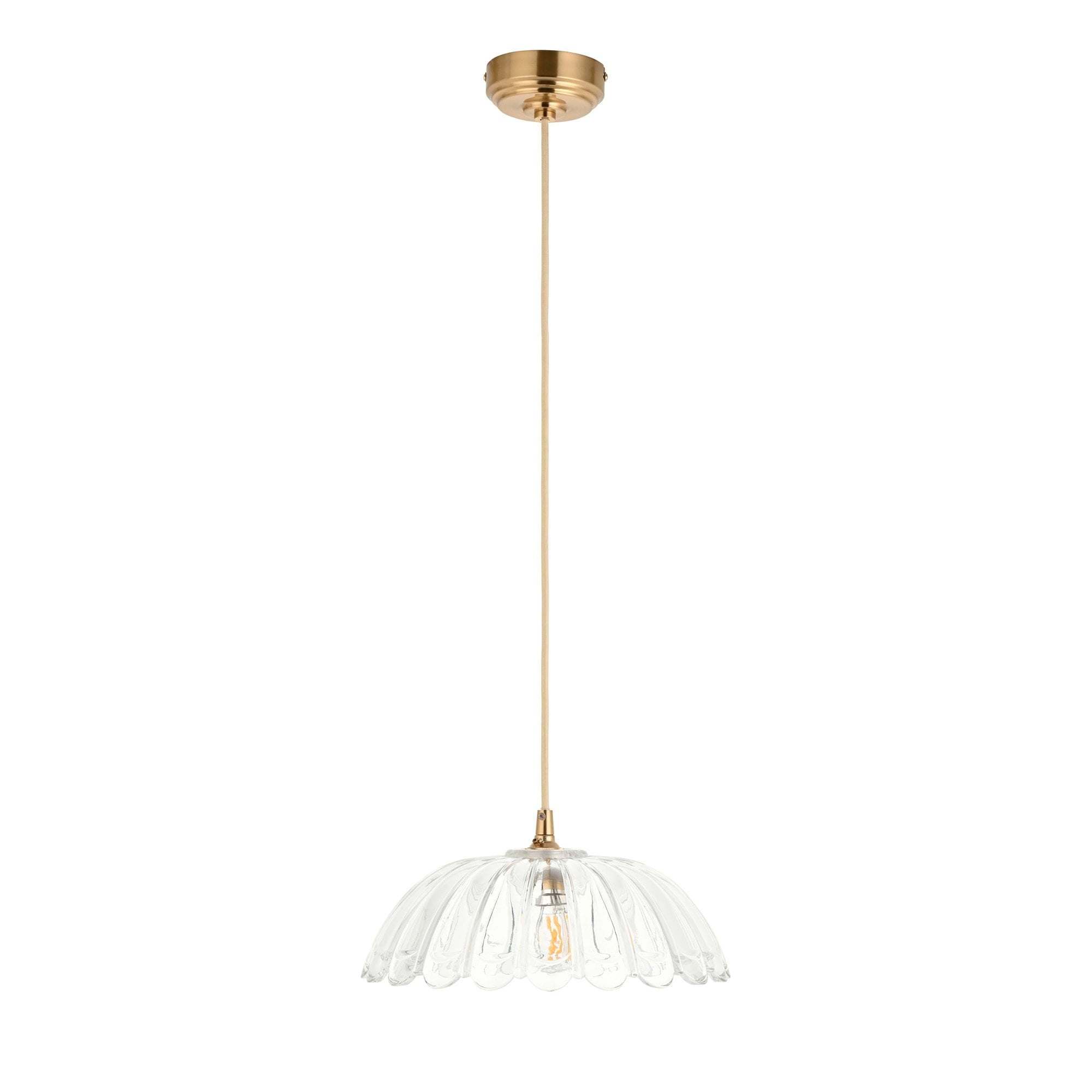 121003 Eltham & Carnation Pendant Clear Glass & Brushed Aged Brass With Natural Braided Cable