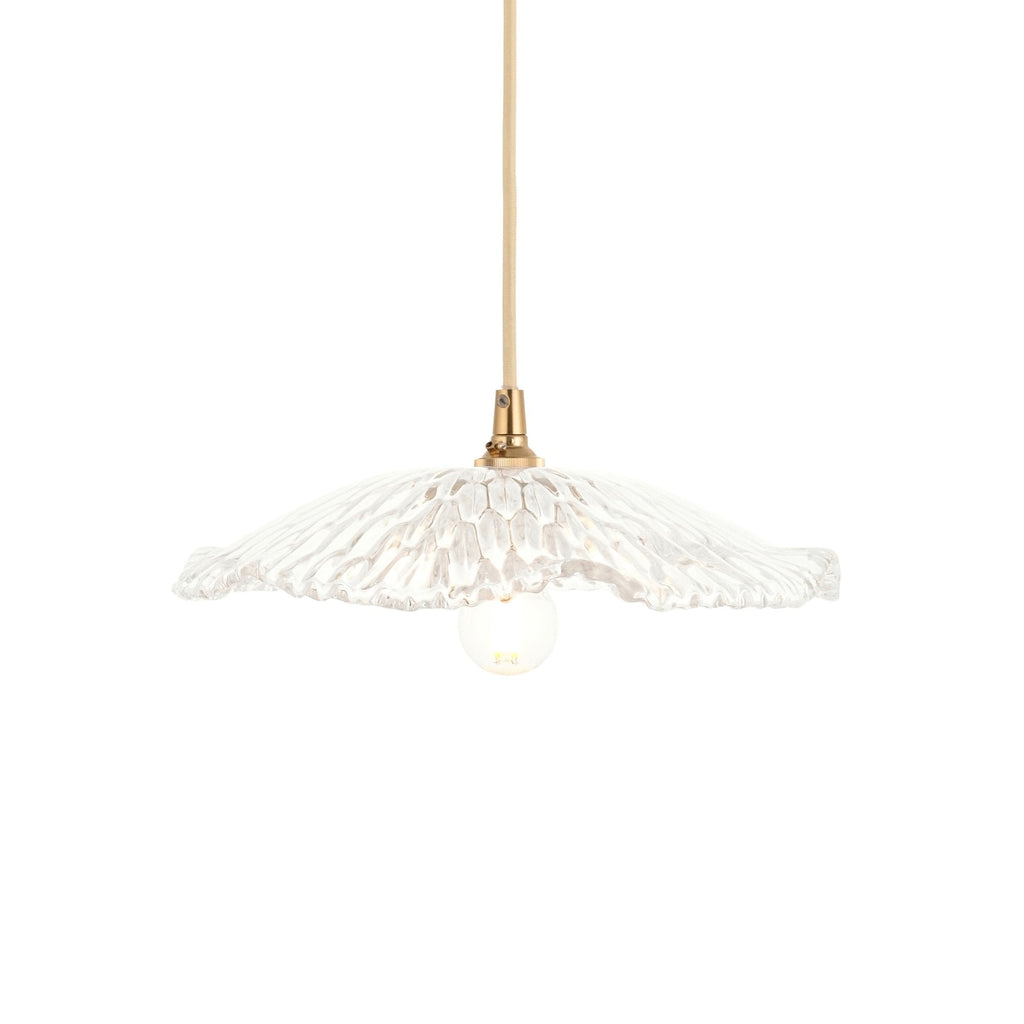 121004 Eltham & Orchid Pendant Clear Glass & Brushed Aged Brass With Natural Braided Cable
