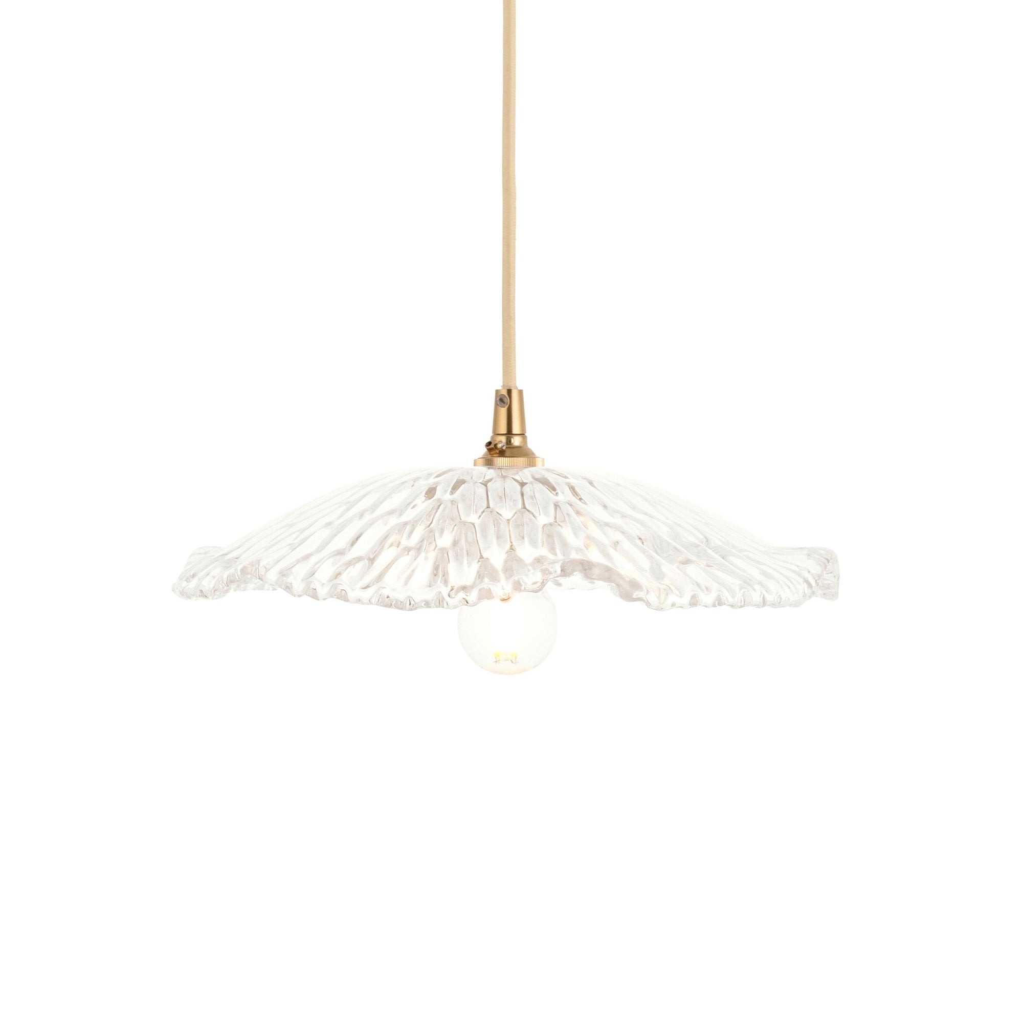 121004 Eltham & Orchid Pendant Clear Glass & Brushed Aged Brass With Natural Braided Cable