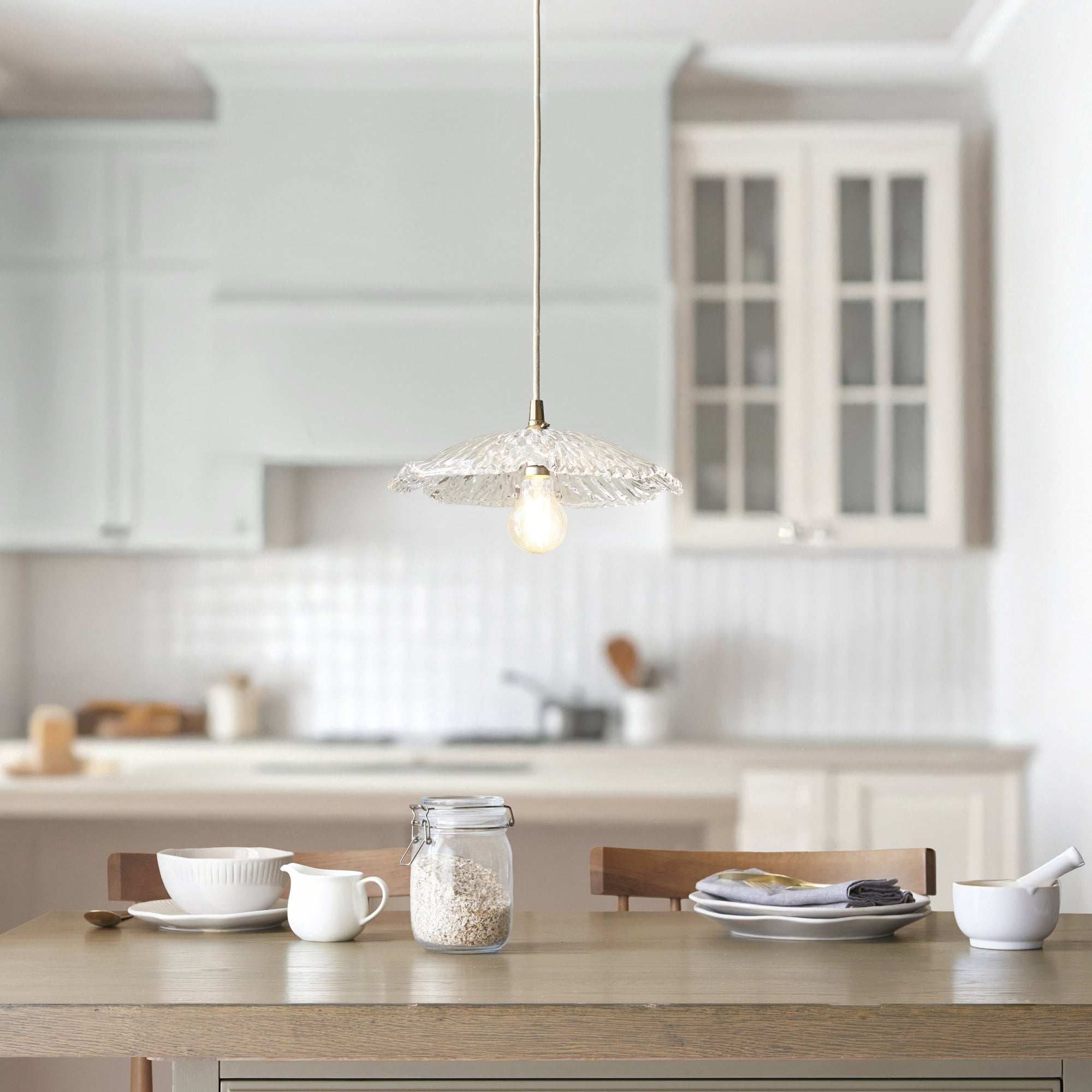 121004 Eltham & Orchid Pendant Clear Glass & Brushed Aged Brass With Natural Braided Cable