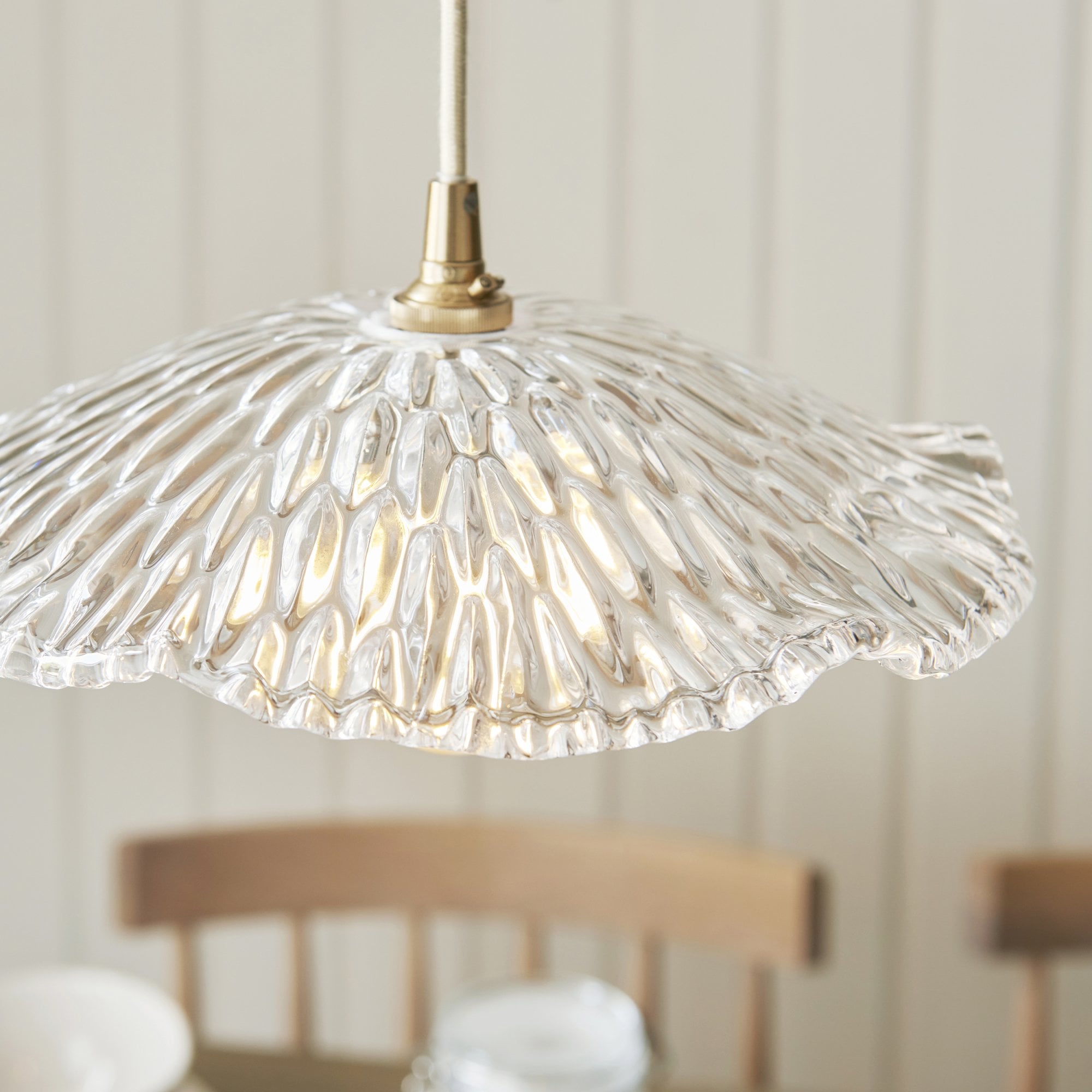 121004 Eltham & Orchid Pendant Clear Glass & Brushed Aged Brass With Natural Braided Cable