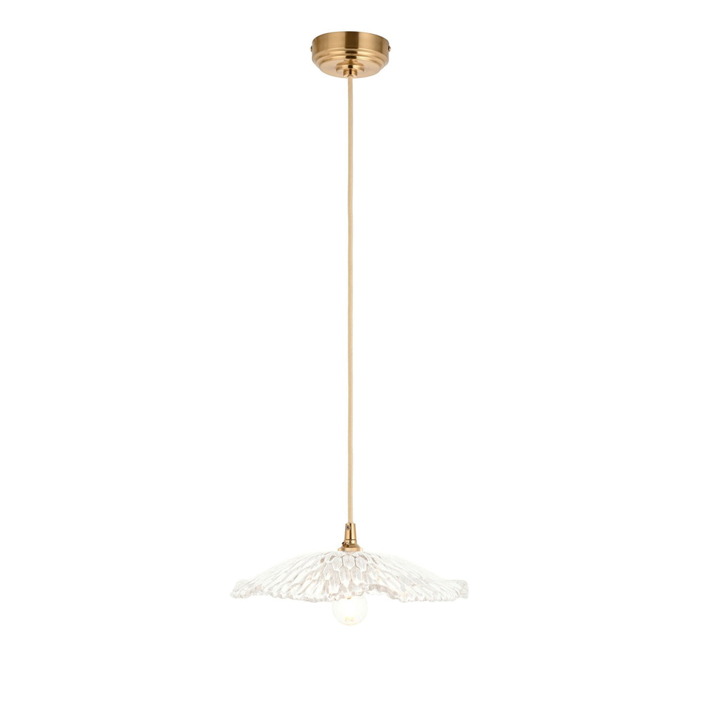 121004 Eltham & Orchid Pendant Clear Glass & Brushed Aged Brass With Natural Braided Cable