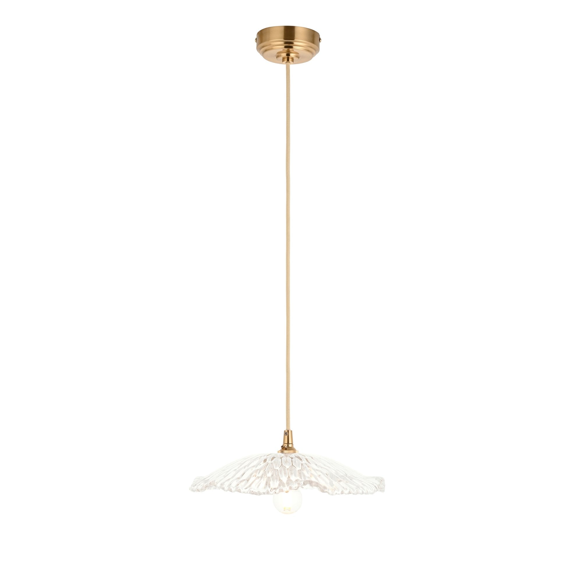 121004 Eltham & Orchid Pendant Clear Glass & Brushed Aged Brass With Natural Braided Cable