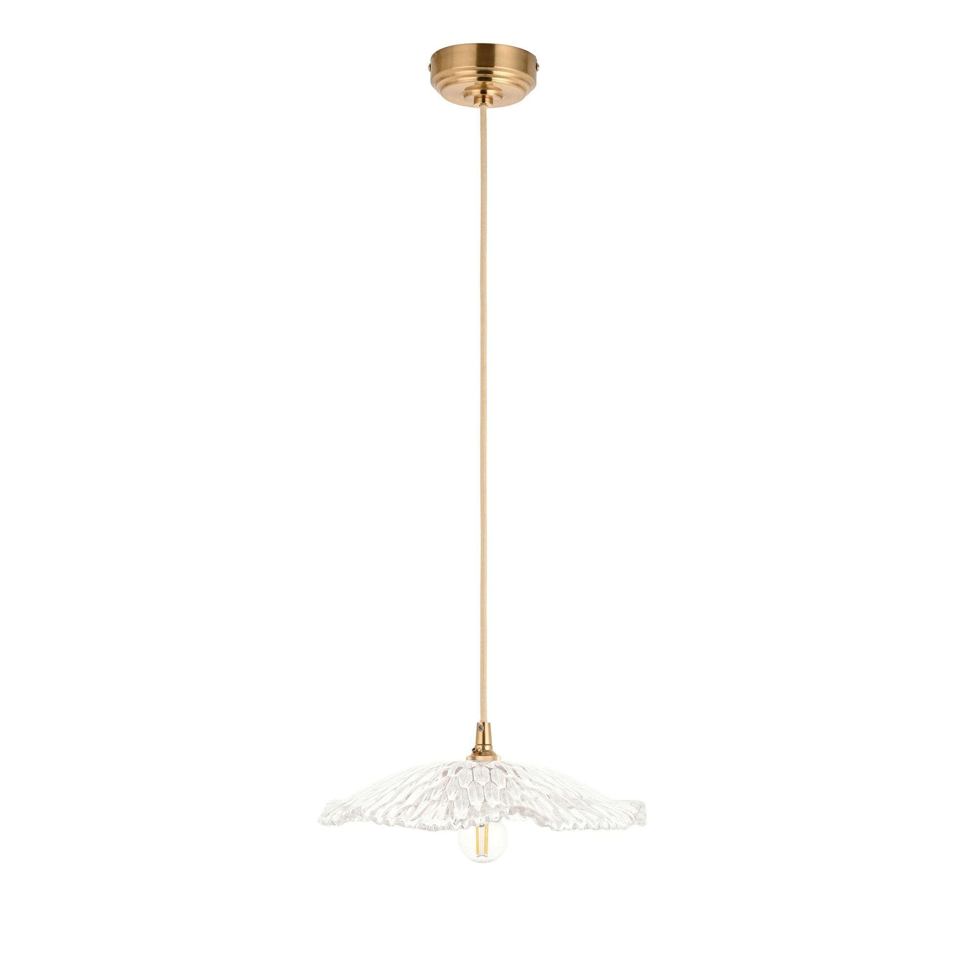 121004 Eltham & Orchid Pendant Clear Glass & Brushed Aged Brass With Natural Braided Cable