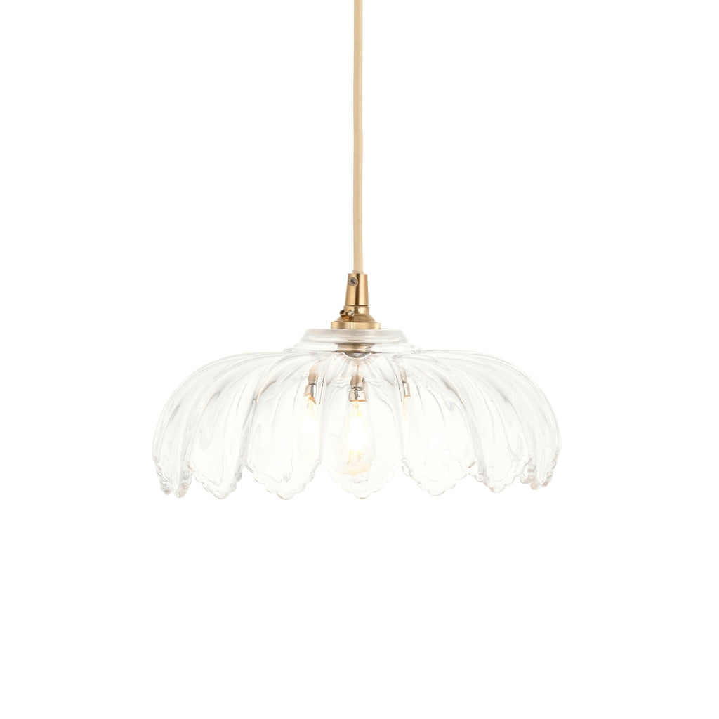 121005 Eltham & Camellia Pendant Clear Glass & Brushed Aged Brass With Natural Braided Cable
