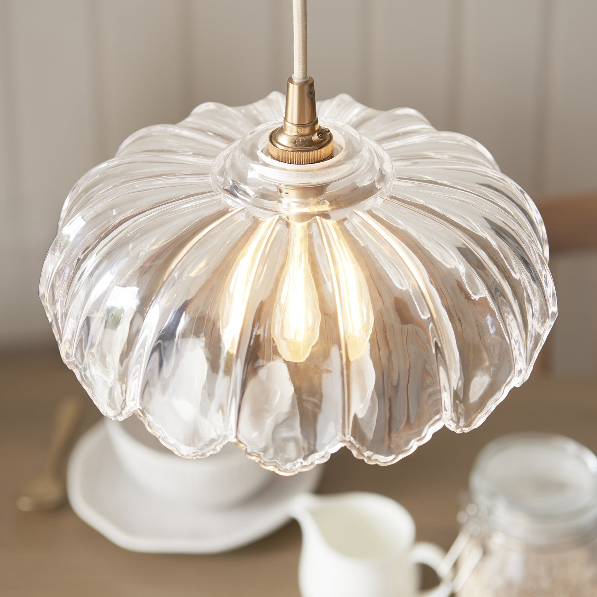 121005 Eltham & Camellia Pendant Clear Glass & Brushed Aged Brass With Natural Braided Cable