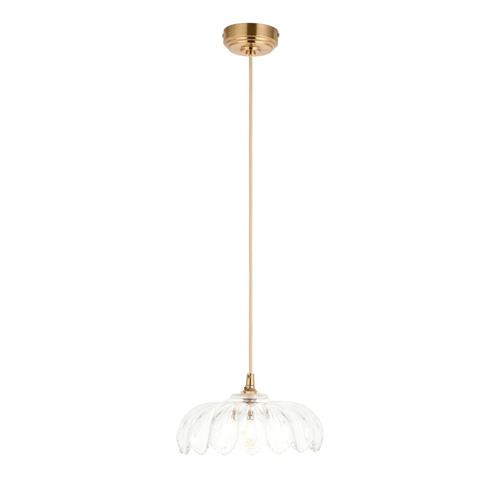 121005 Eltham & Camellia Pendant Clear Glass & Brushed Aged Brass With Natural Braided Cable