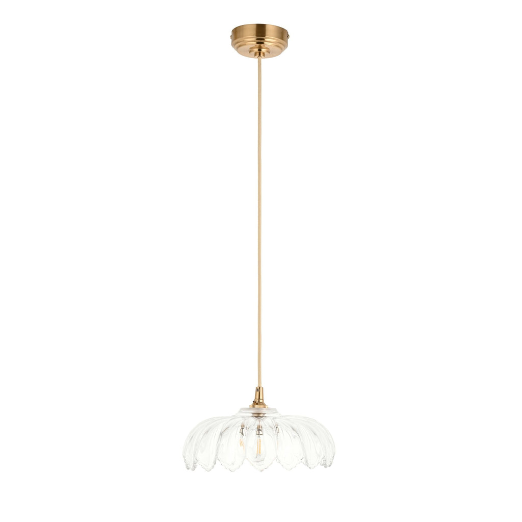 121005 Eltham & Camellia Pendant Clear Glass & Brushed Aged Brass With Natural Braided Cable