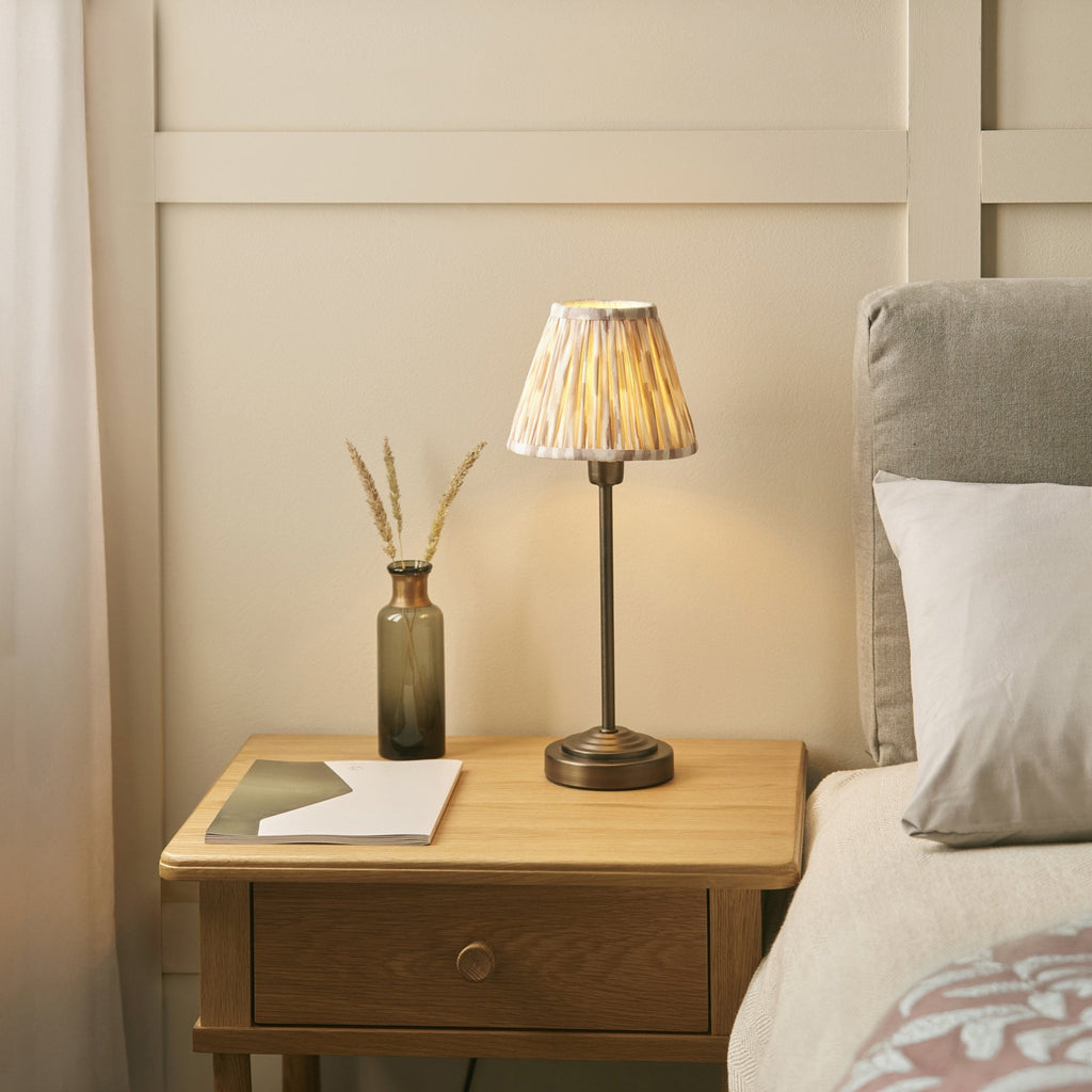 121006 Rise & Ikat 16cm Table Lamp Antique Bronze Plate & Neutral Print Fabric