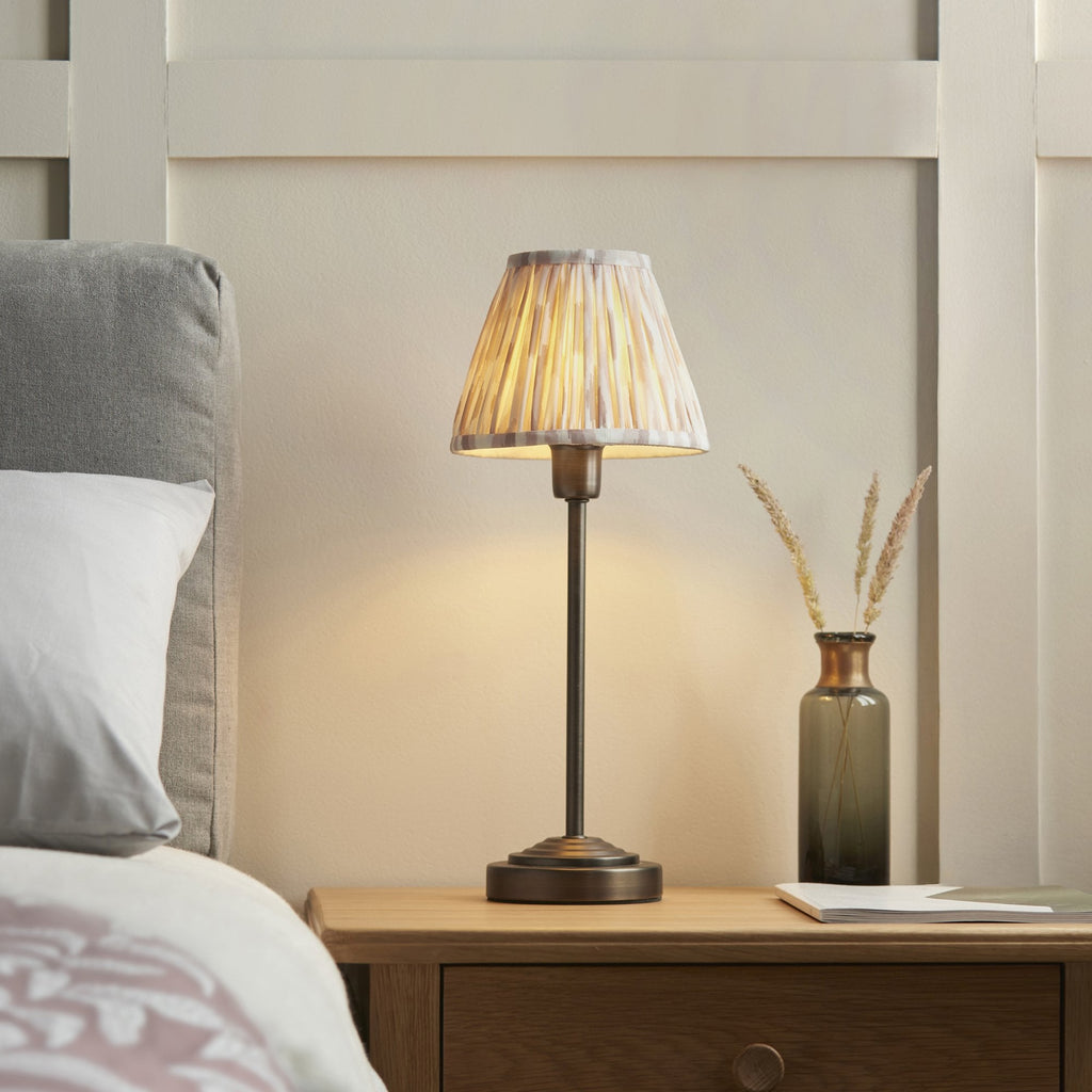 121006 Rise & Ikat 16cm Table Lamp Antique Bronze Plate & Neutral Print Fabric
