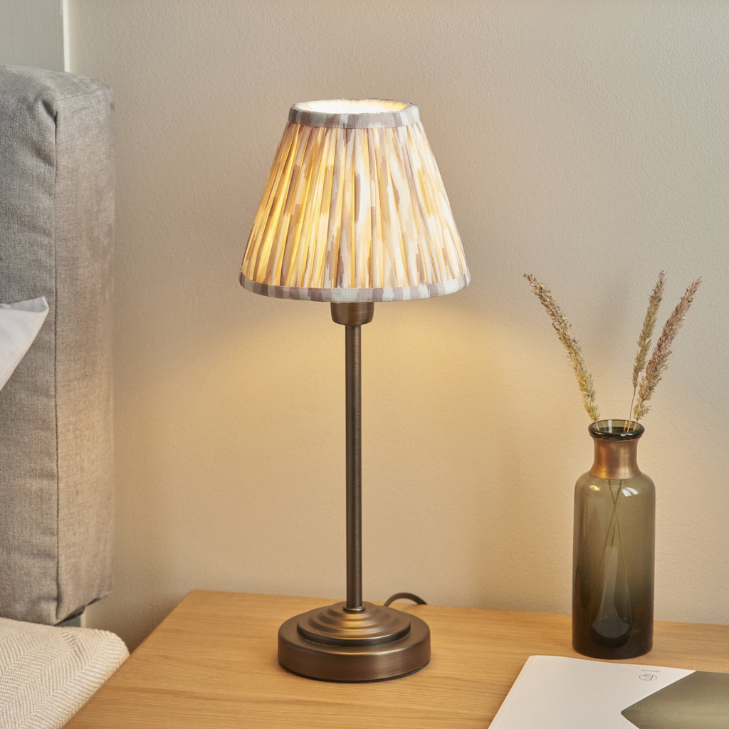 121006 Rise & Ikat 16cm Table Lamp Antique Bronze Plate & Neutral Print Fabric