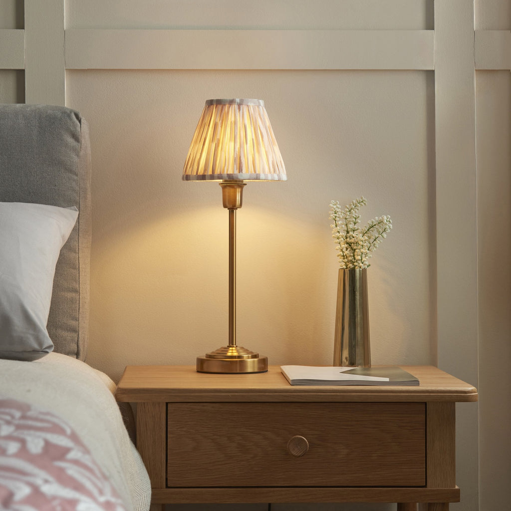 121014 Rise & Ikat 16cm Table Lamp Vintage Brass Finish & Neutral Print Fabric
