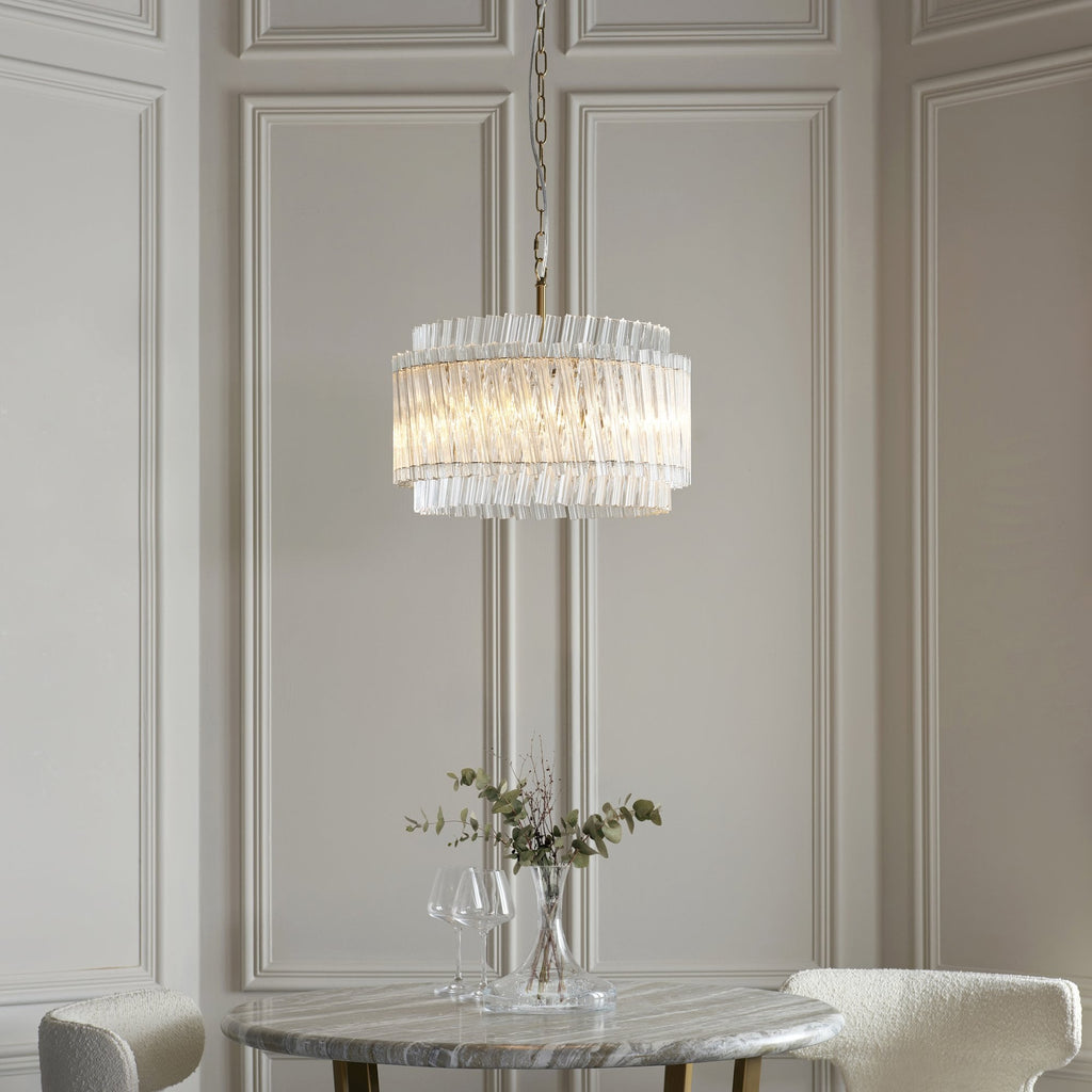 114214 3 Light Pendant Brushed Aged Brass Plate & Clear Glass