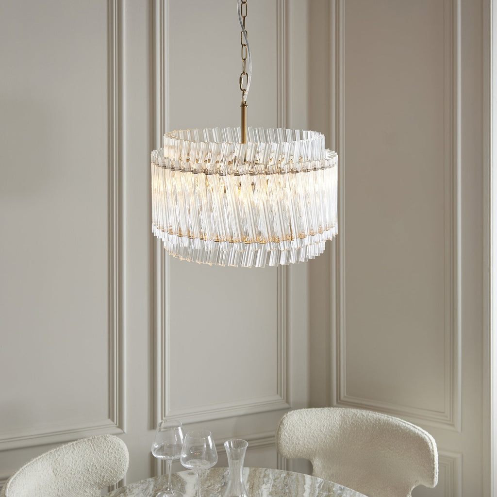 114214 3 Light Pendant Brushed Aged Brass Plate & Clear Glass