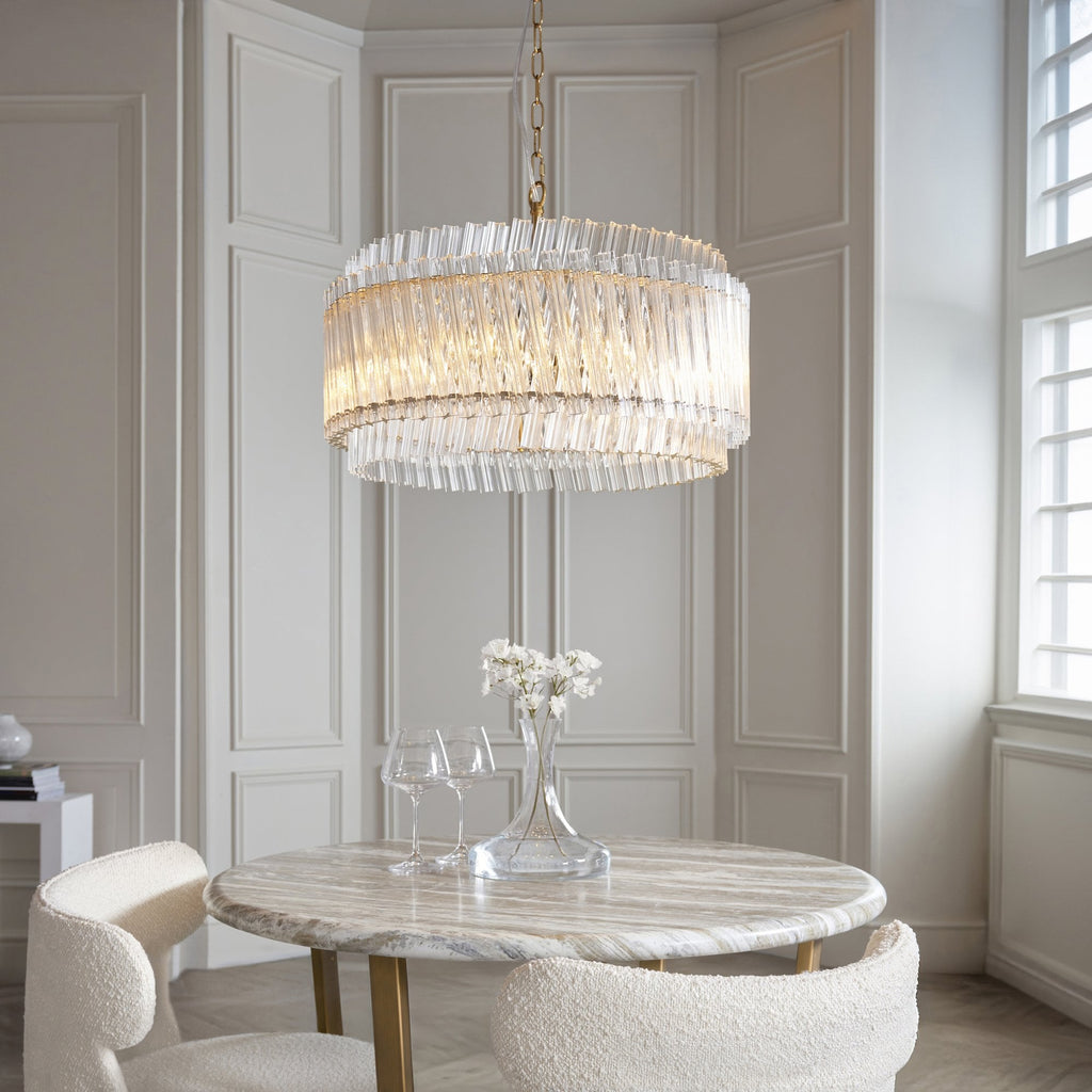 114215 5 Light Pendant Brushed Aged Brass Plate & Clear Glass