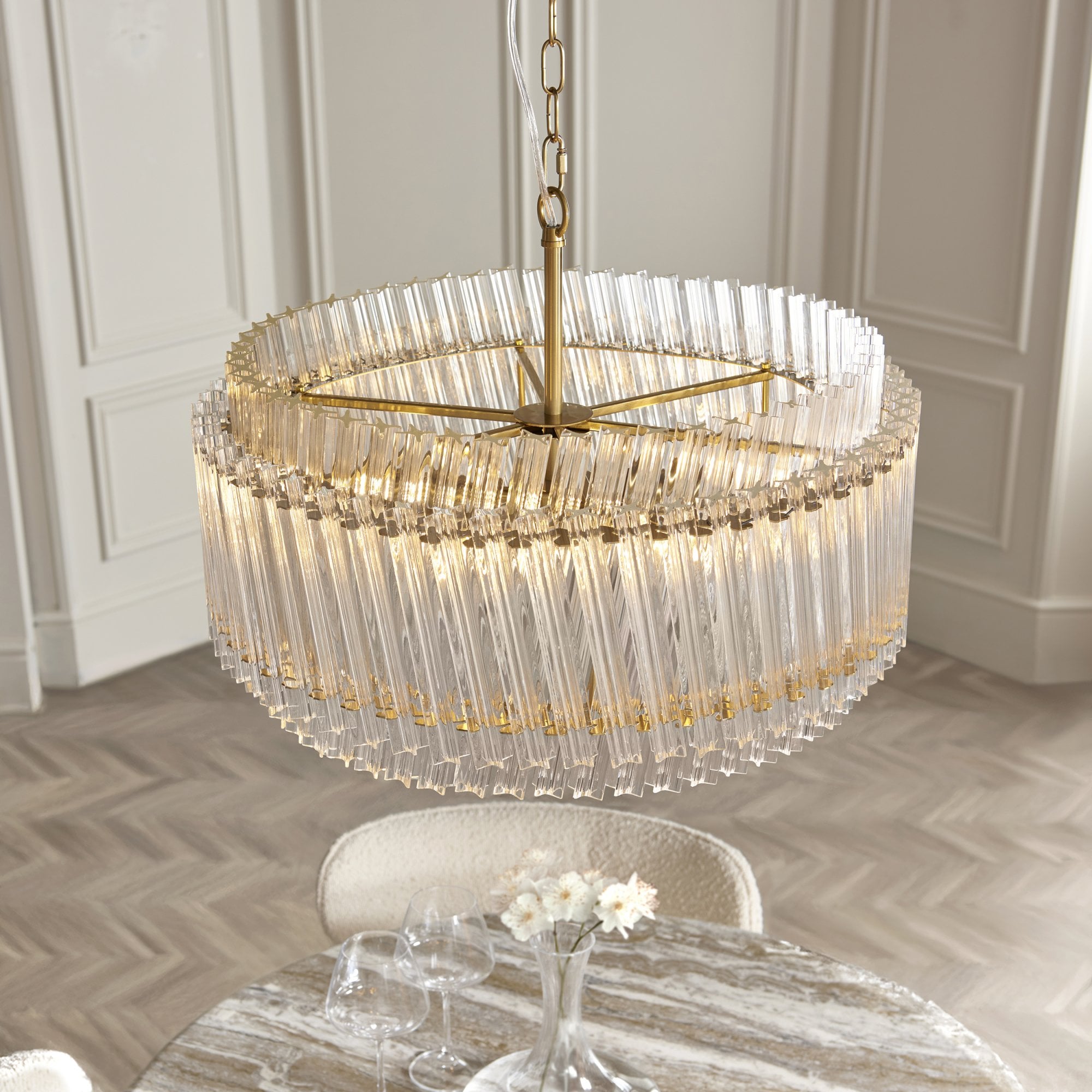 114215 5 Light Pendant Brushed Aged Brass Plate & Clear Glass