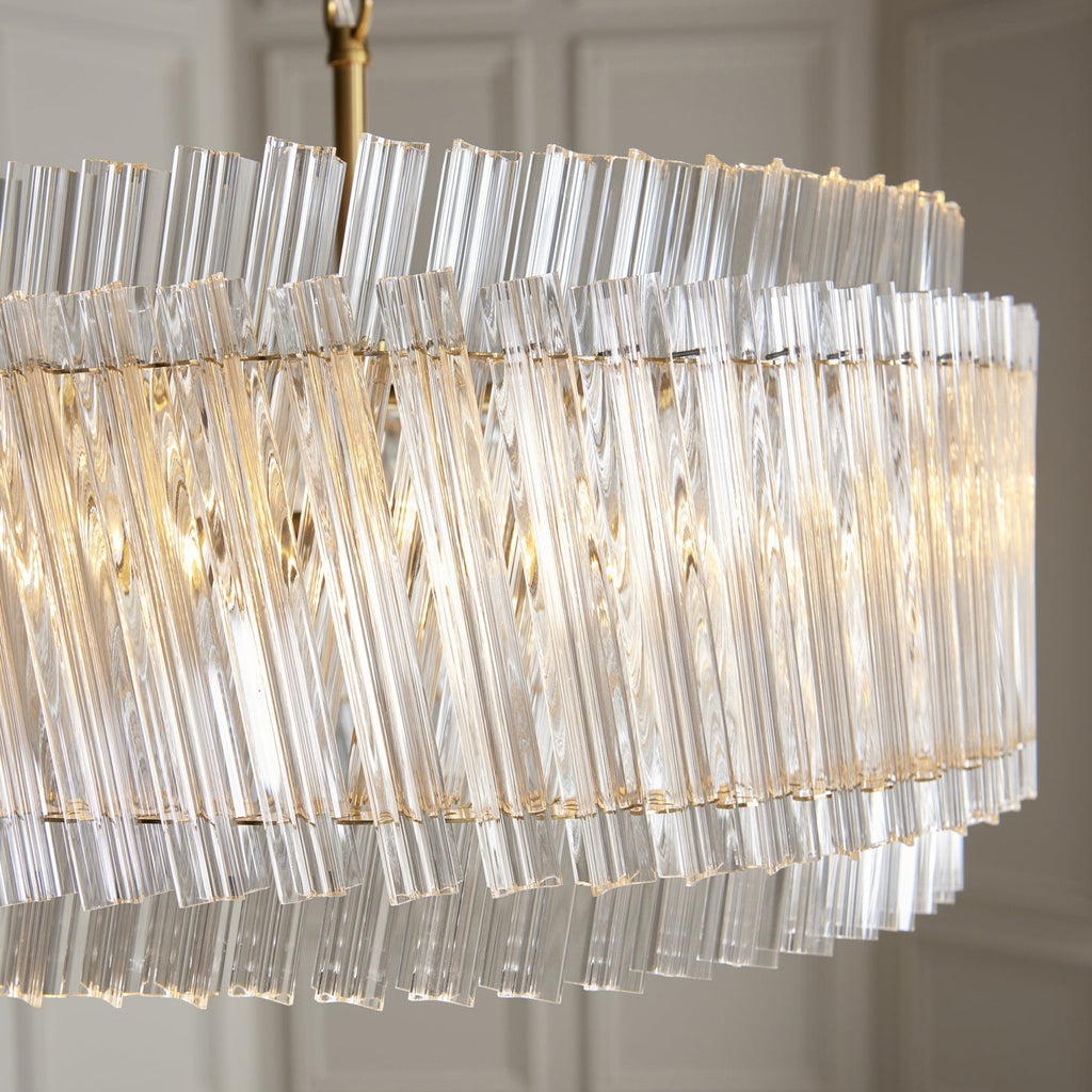 114215 5 Light Pendant Brushed Aged Brass Plate & Clear Glass