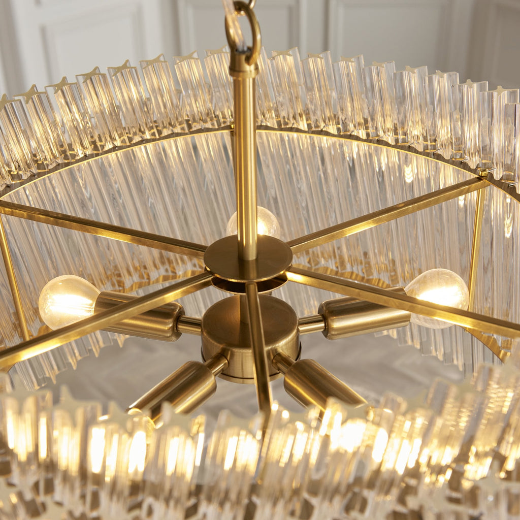114215 5 Light Pendant Brushed Aged Brass Plate & Clear Glass