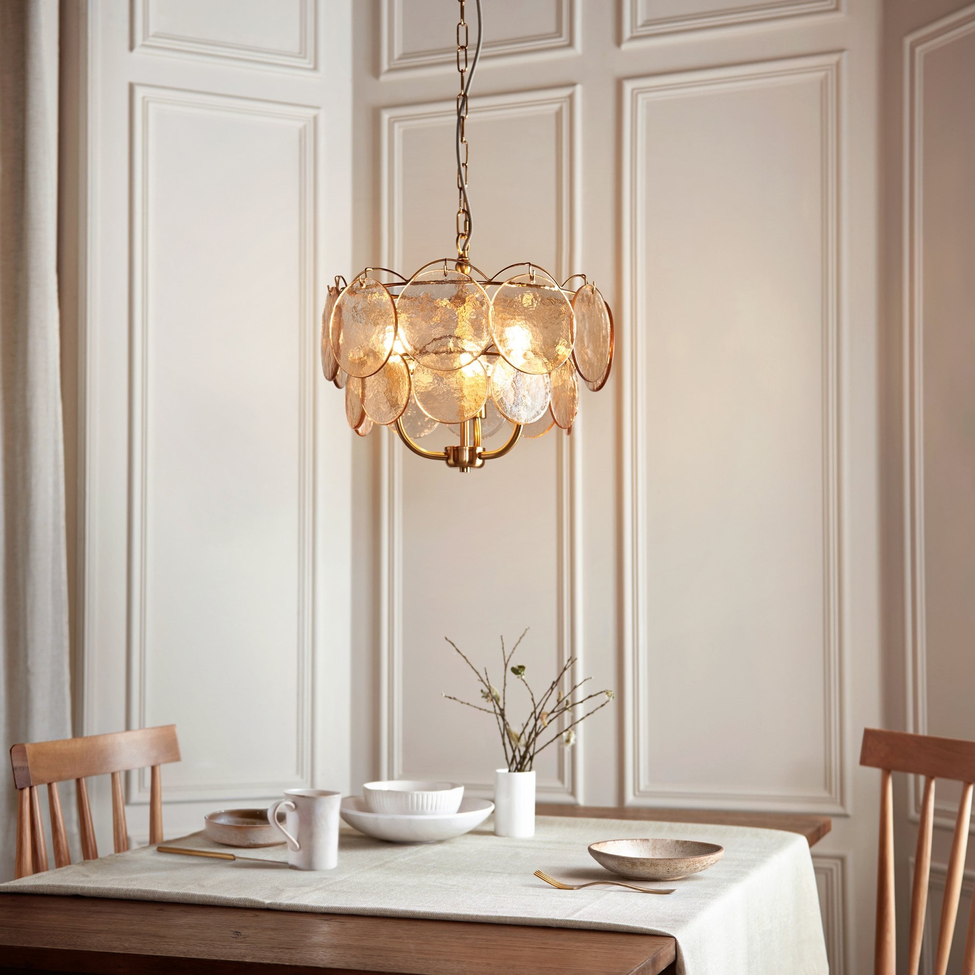 118602 3 Light Pendant Brushed Aged Brass Plate & Handmade Champagne Glass