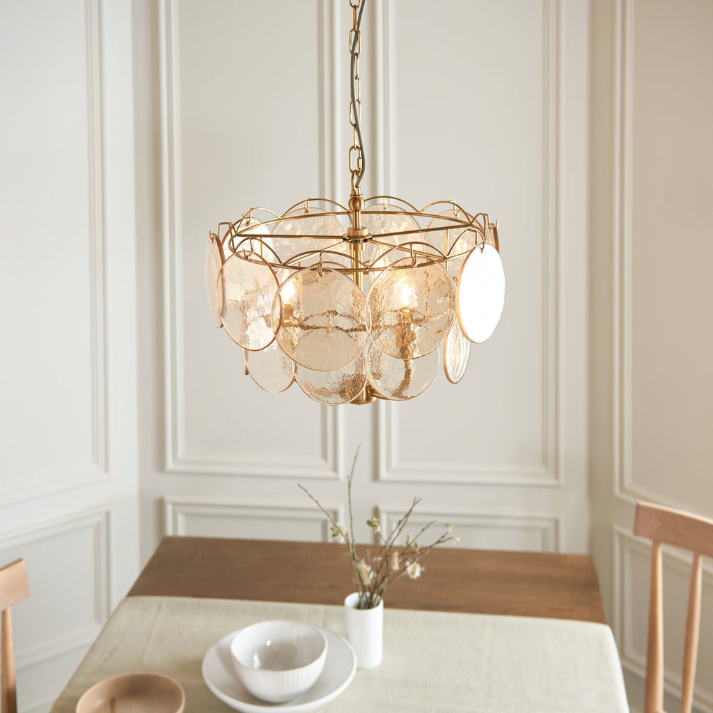 118602 3 Light Pendant Brushed Aged Brass Plate & Handmade Champagne Glass