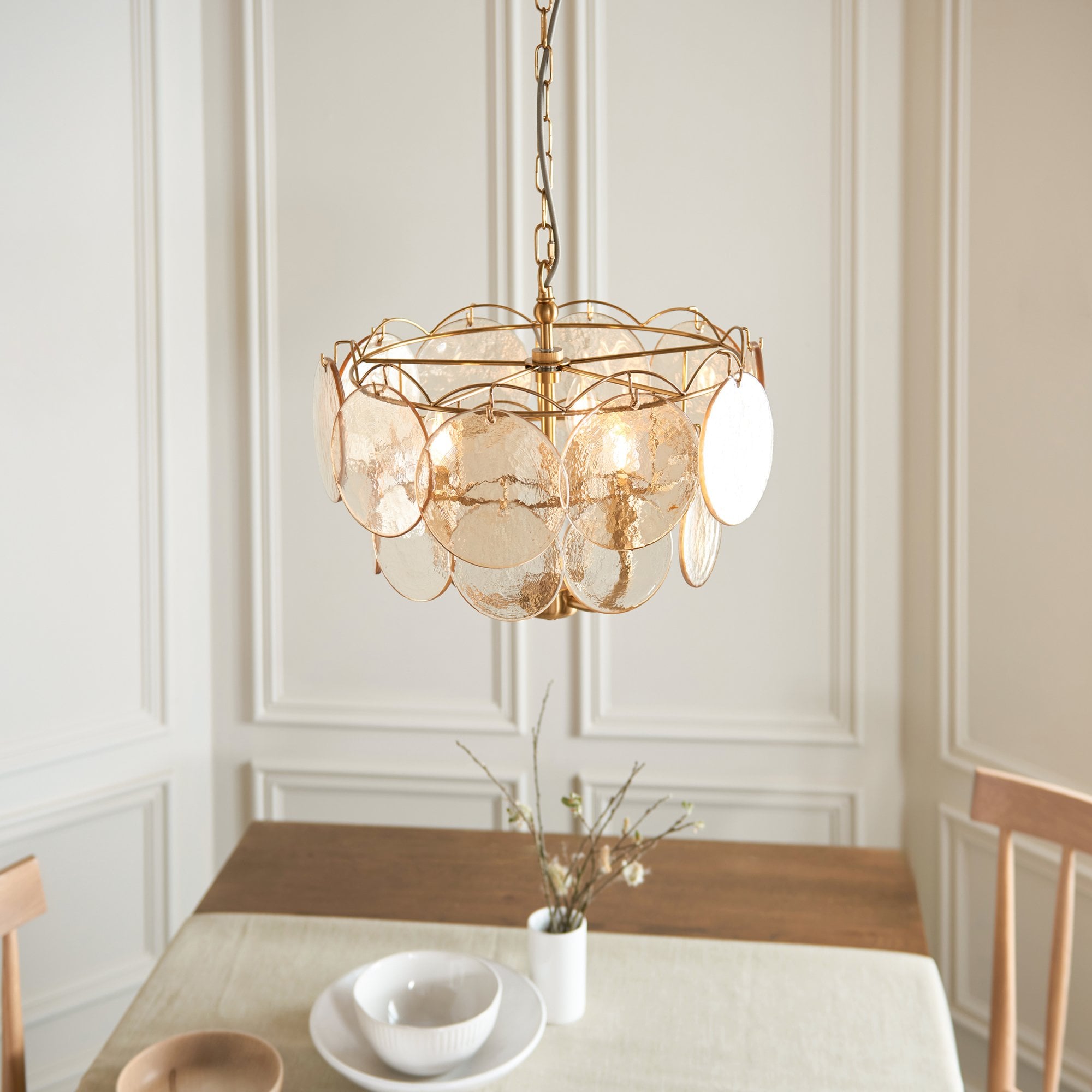 118602 3 Light Pendant Brushed Aged Brass Plate & Handmade Champagne Glass