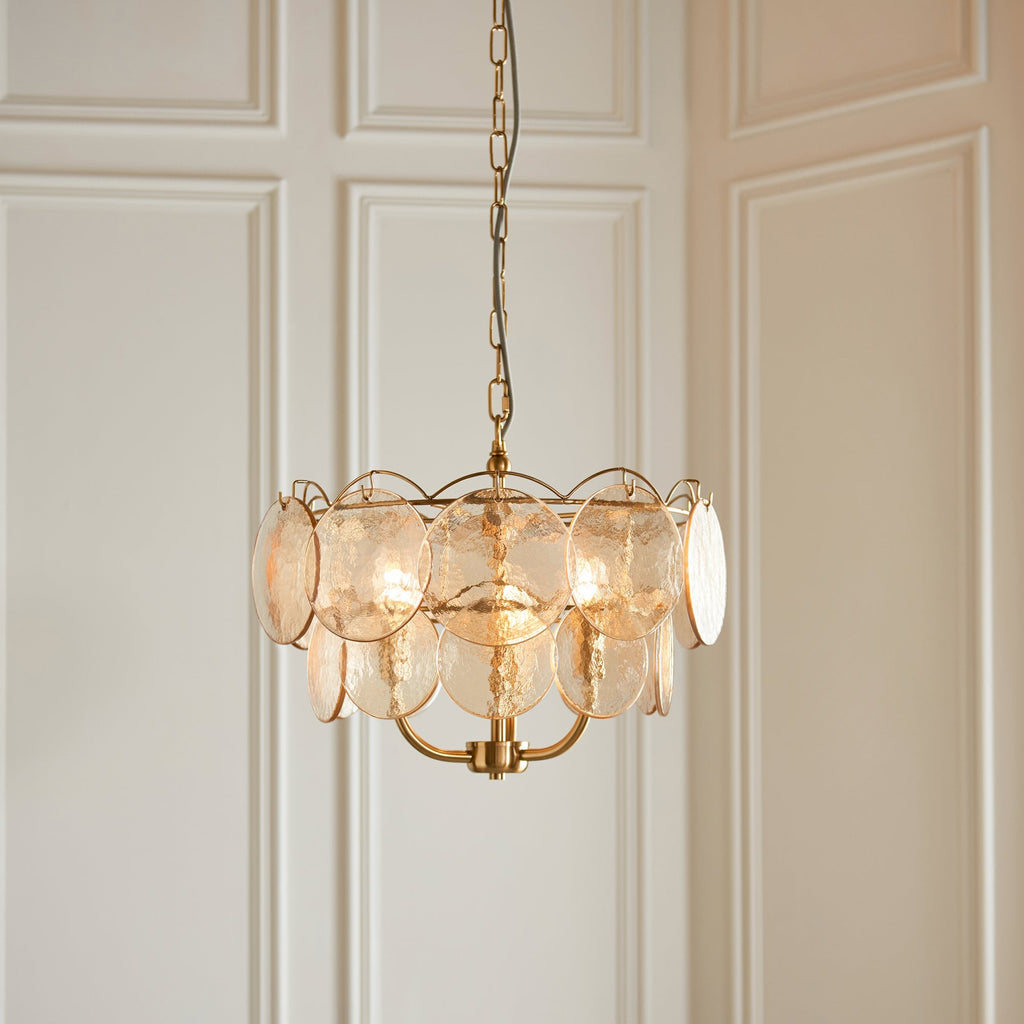 118602 3 Light Pendant Brushed Aged Brass Plate & Handmade Champagne Glass