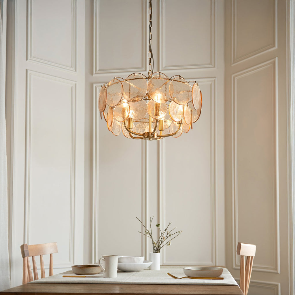 118603 5 Light Pendant Brushed Aged Brass Plate & Handmade Champagne Glass