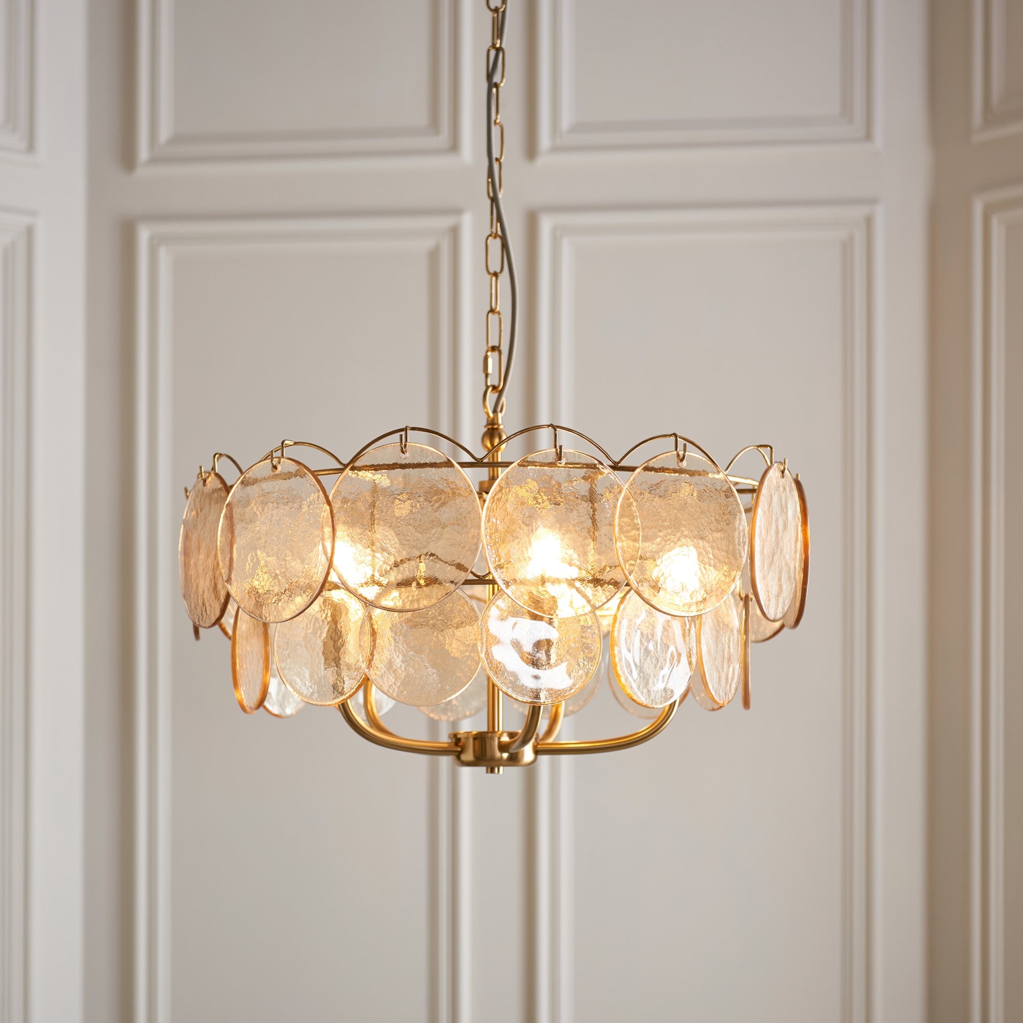 118603 5 Light Pendant Brushed Aged Brass Plate & Handmade Champagne Glass