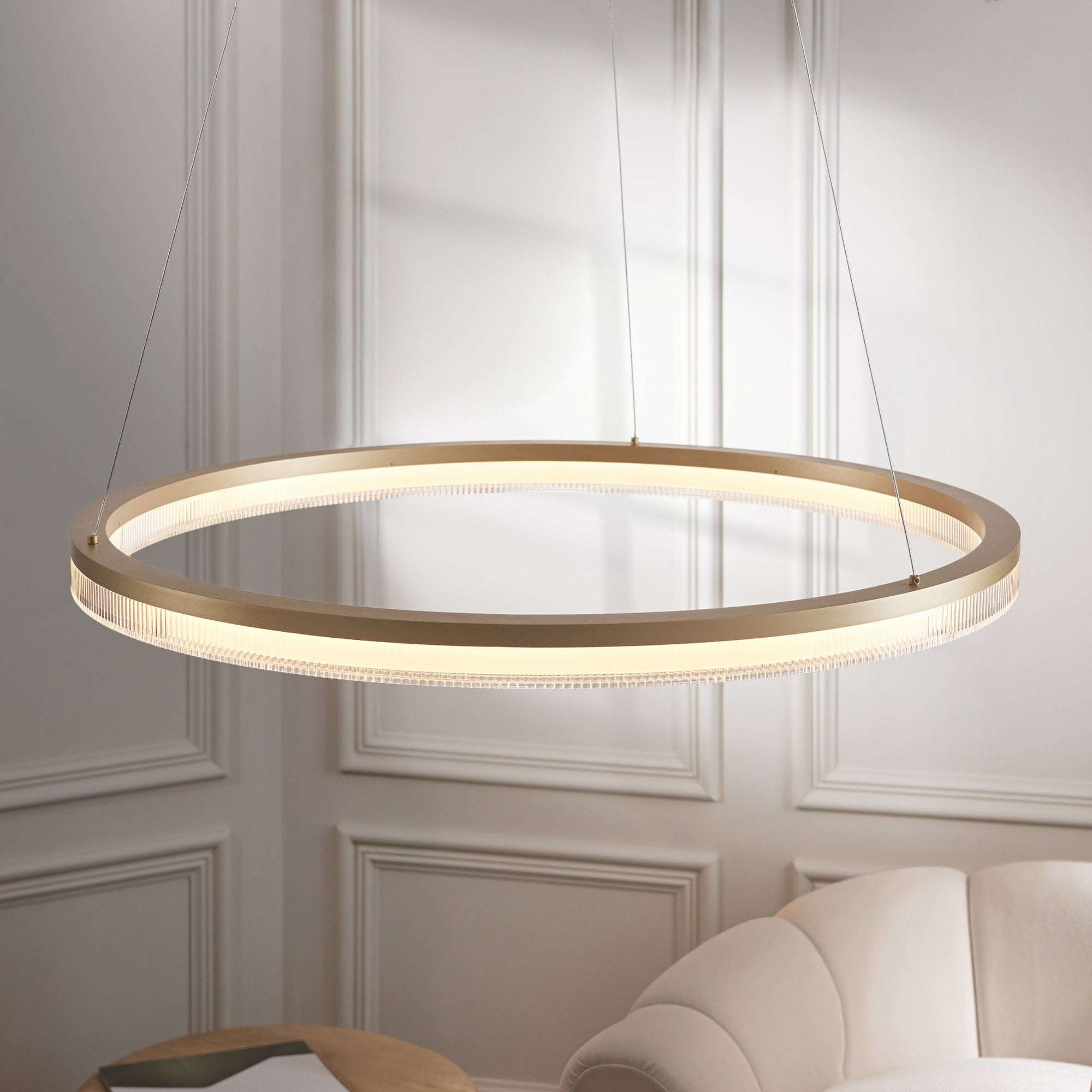 120549 LED Pendant Brushed Gold Plated Finish & Opal Ribbed Acrylic