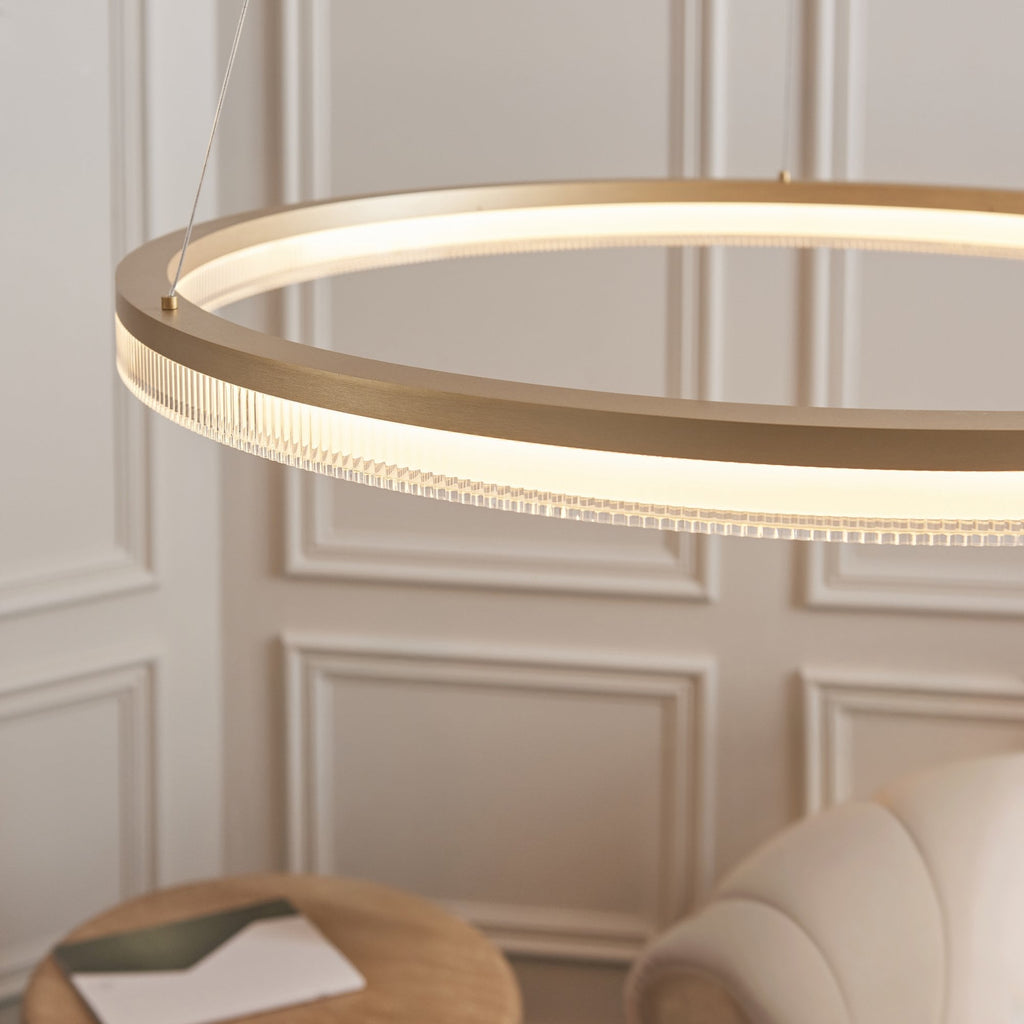 120549 LED Pendant Brushed Gold Plated Finish & Opal Ribbed Acrylic