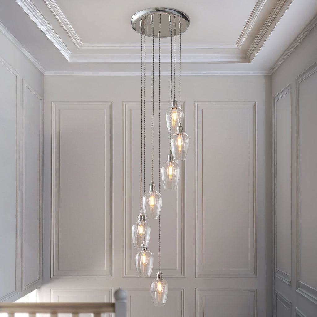 120642 7 Light Pendant Bright Nickel Plate & Clear Glass
