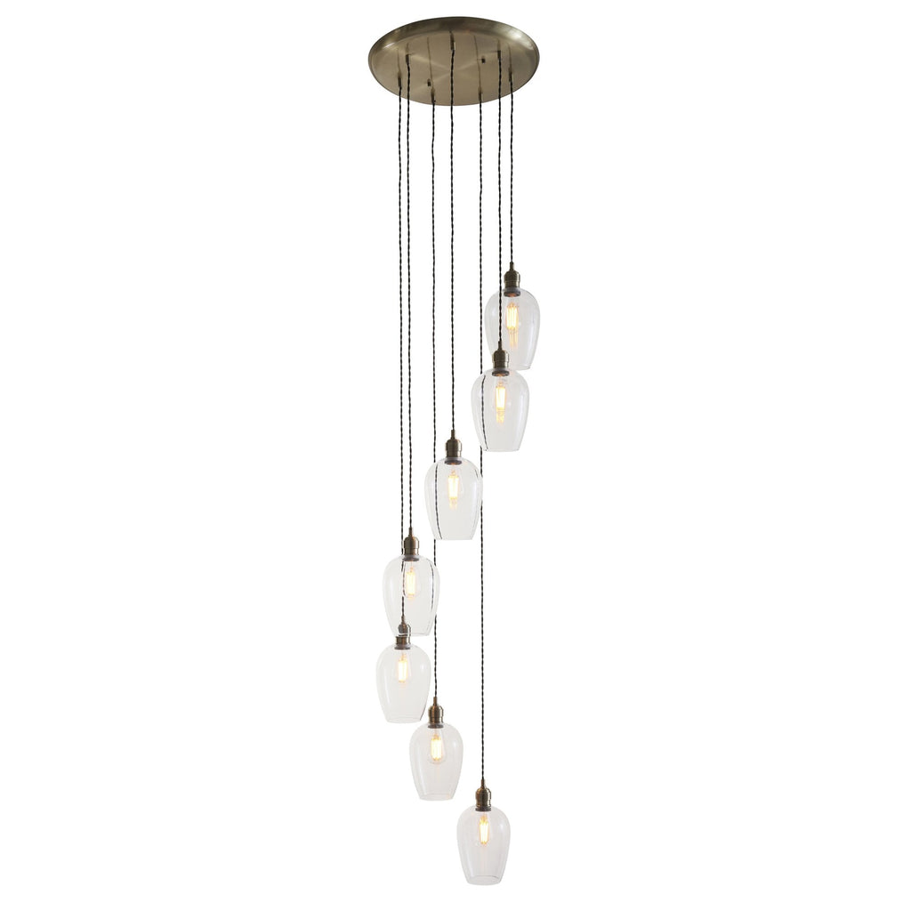 120646 7 Light Pendant Antique Brass Plate & Clear Glass