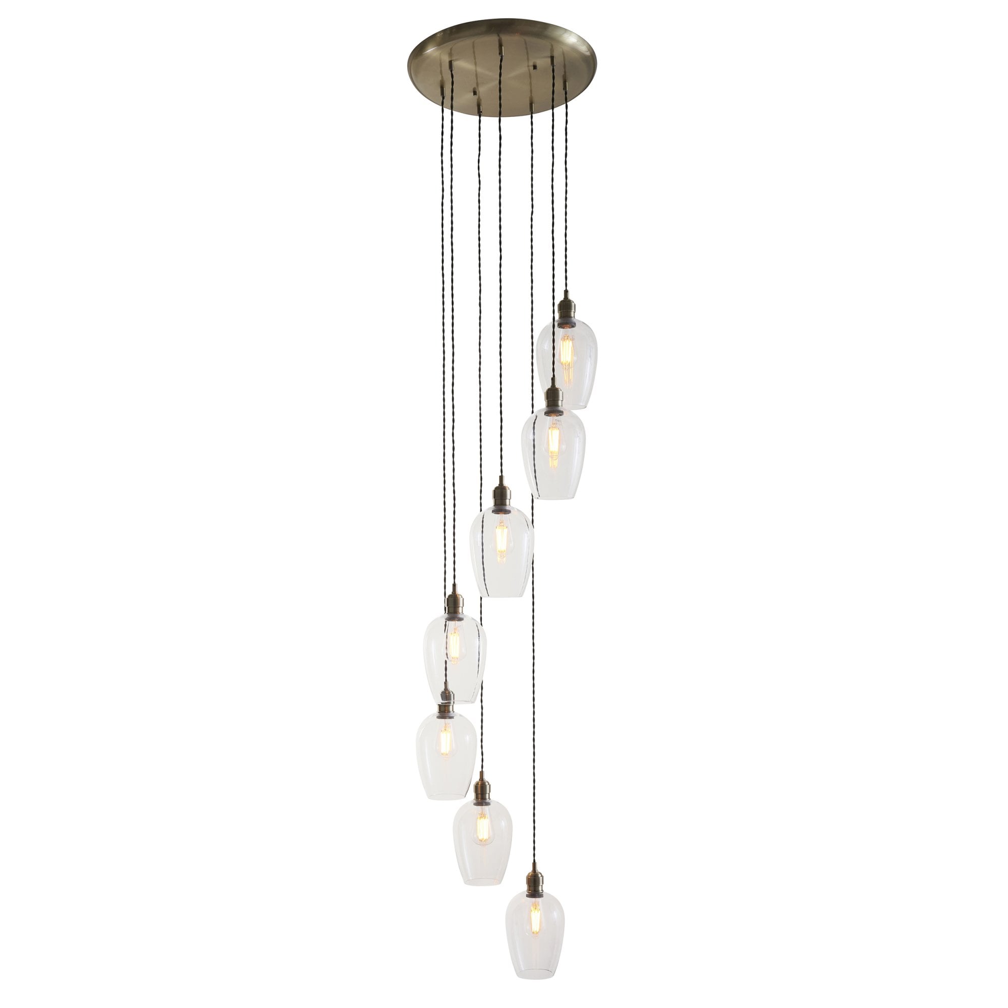 120646 7 Light Pendant Antique Brass Plate & Clear Glass