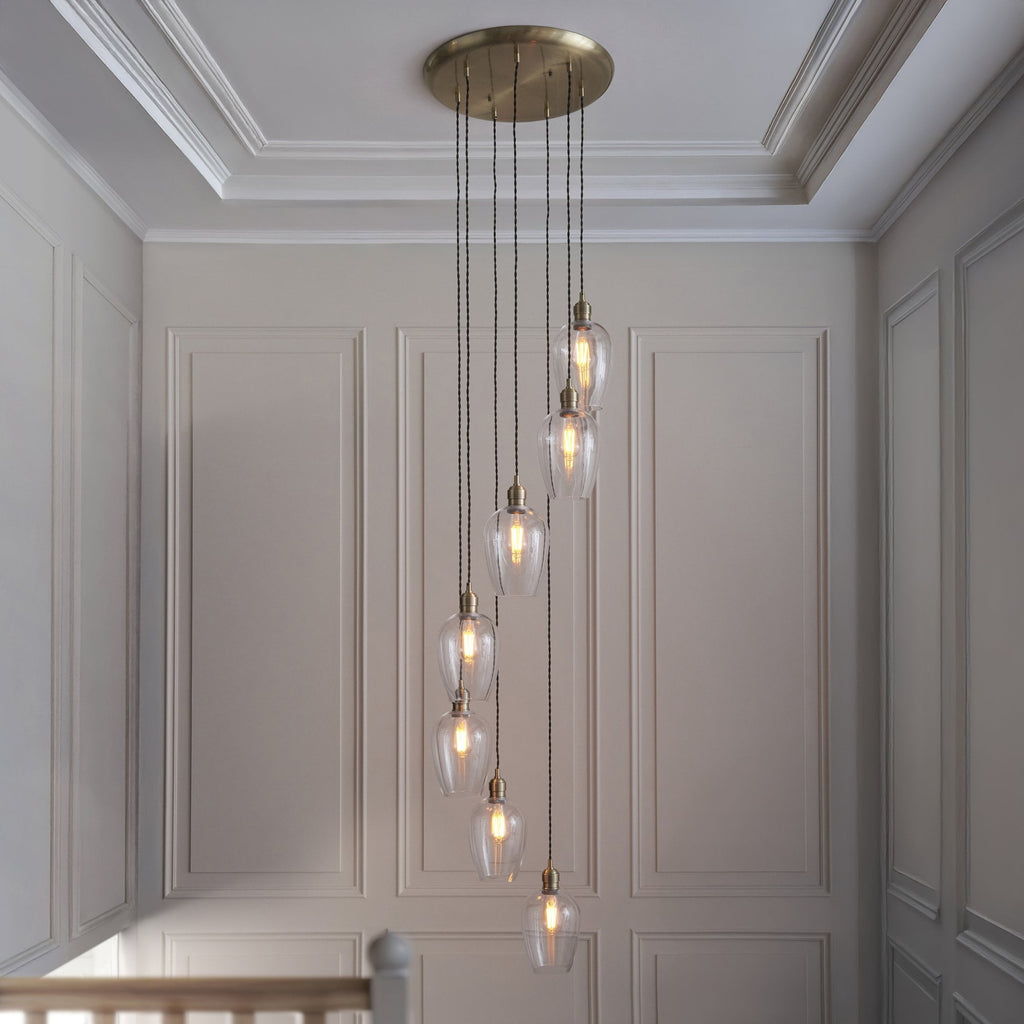 120646 7 Light Pendant Antique Brass Plate & Clear Glass