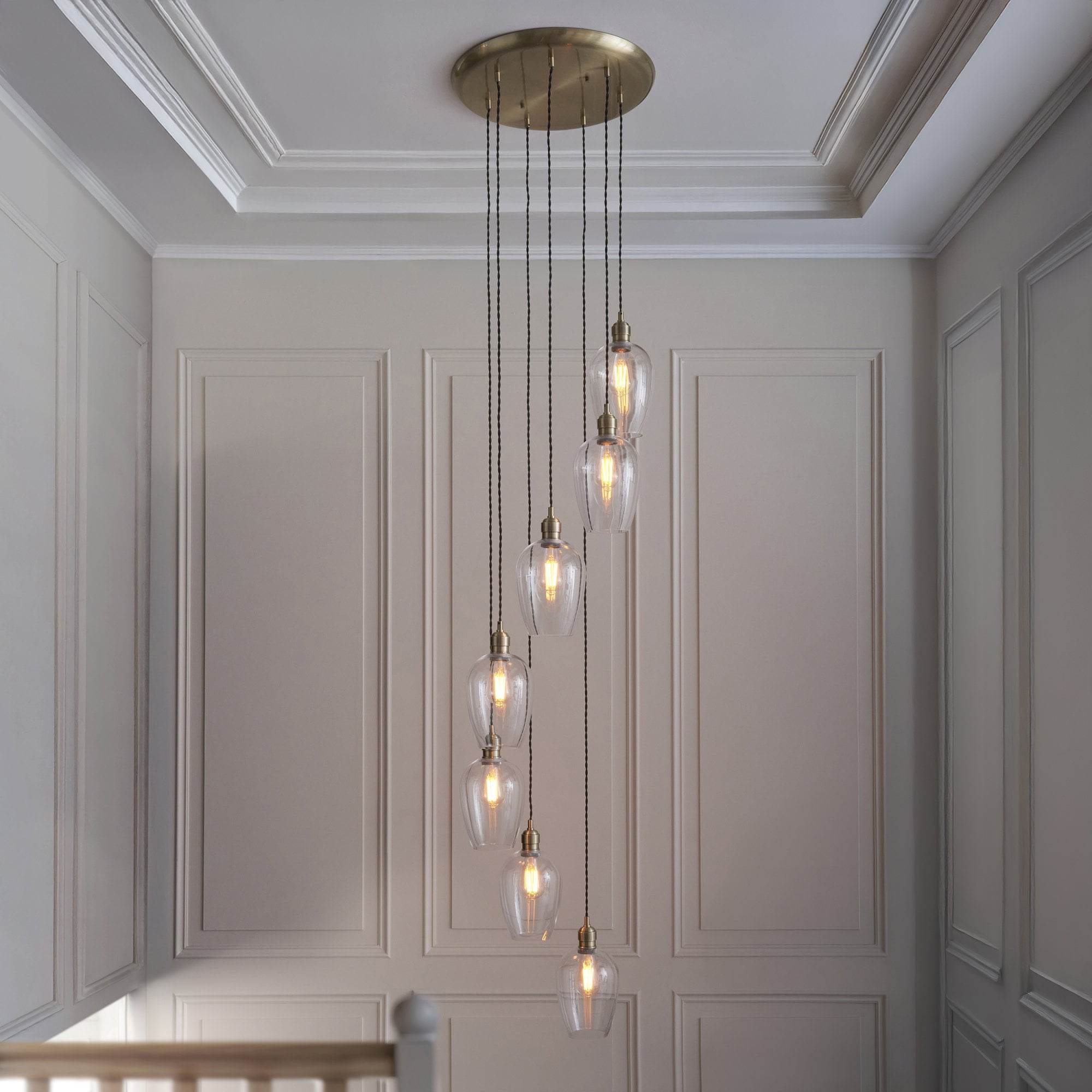 120646 7 Light Pendant Antique Brass Plate & Clear Glass