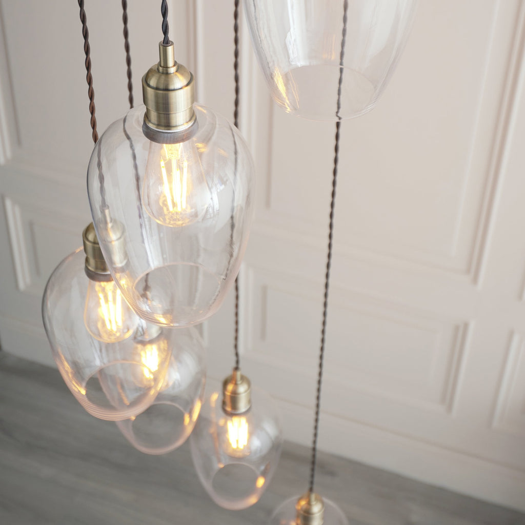120646 7 Light Pendant Antique Brass Plate & Clear Glass