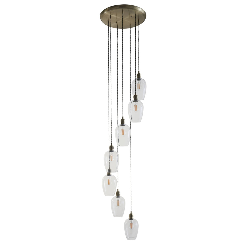 120646 7 Light Pendant Antique Brass Plate & Clear Glass