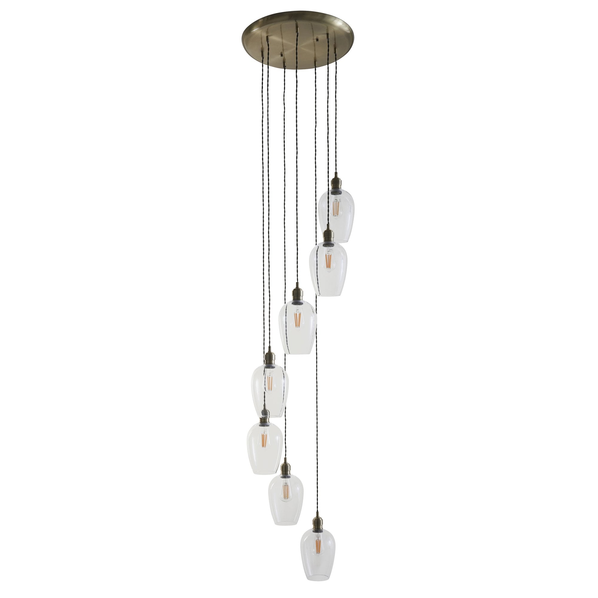 120646 7 Light Pendant Antique Brass Plate & Clear Glass