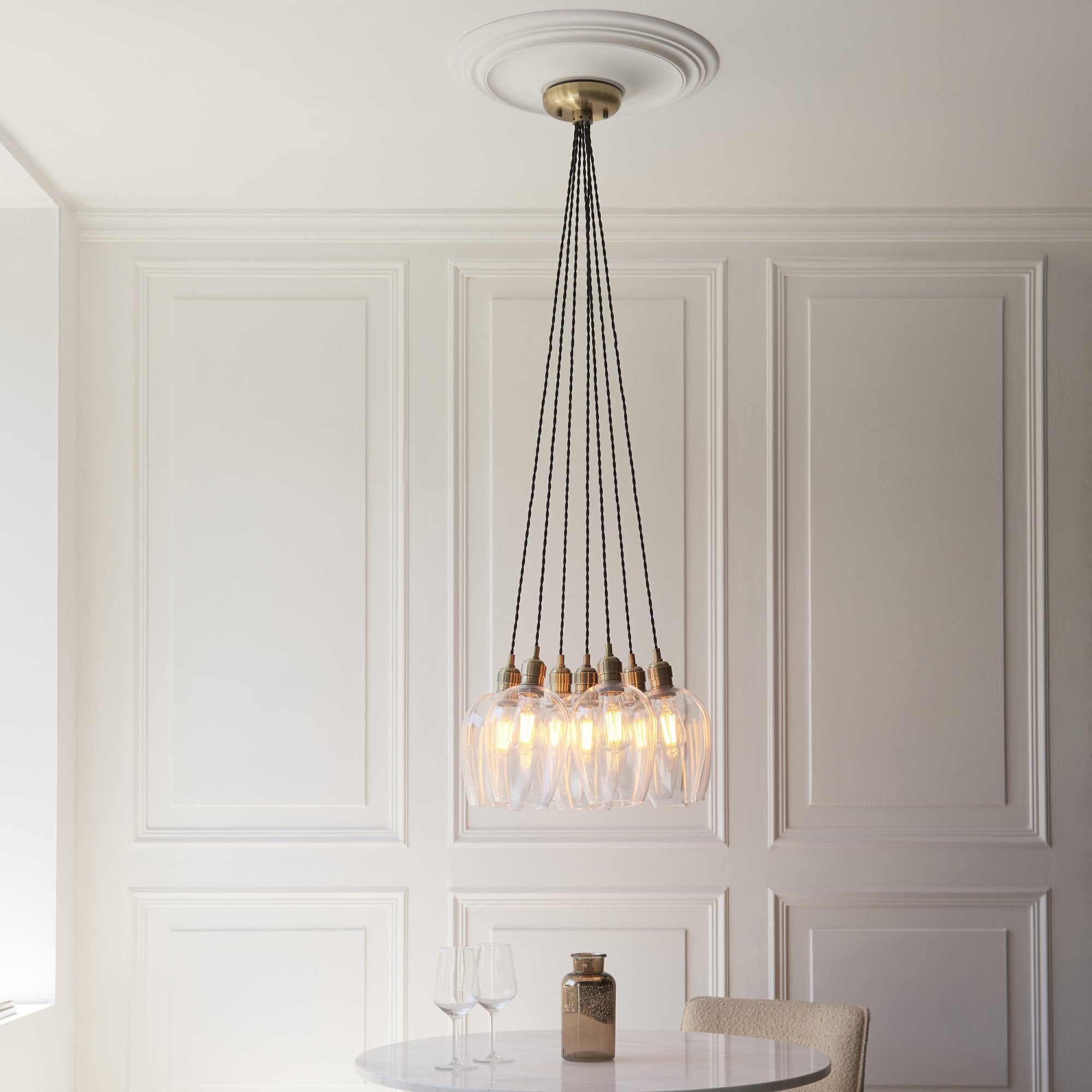 120647 7 Light Pendant Antique Brass Plate & Clear Glass